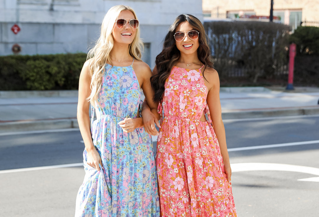 models wearing floral maxi dresses