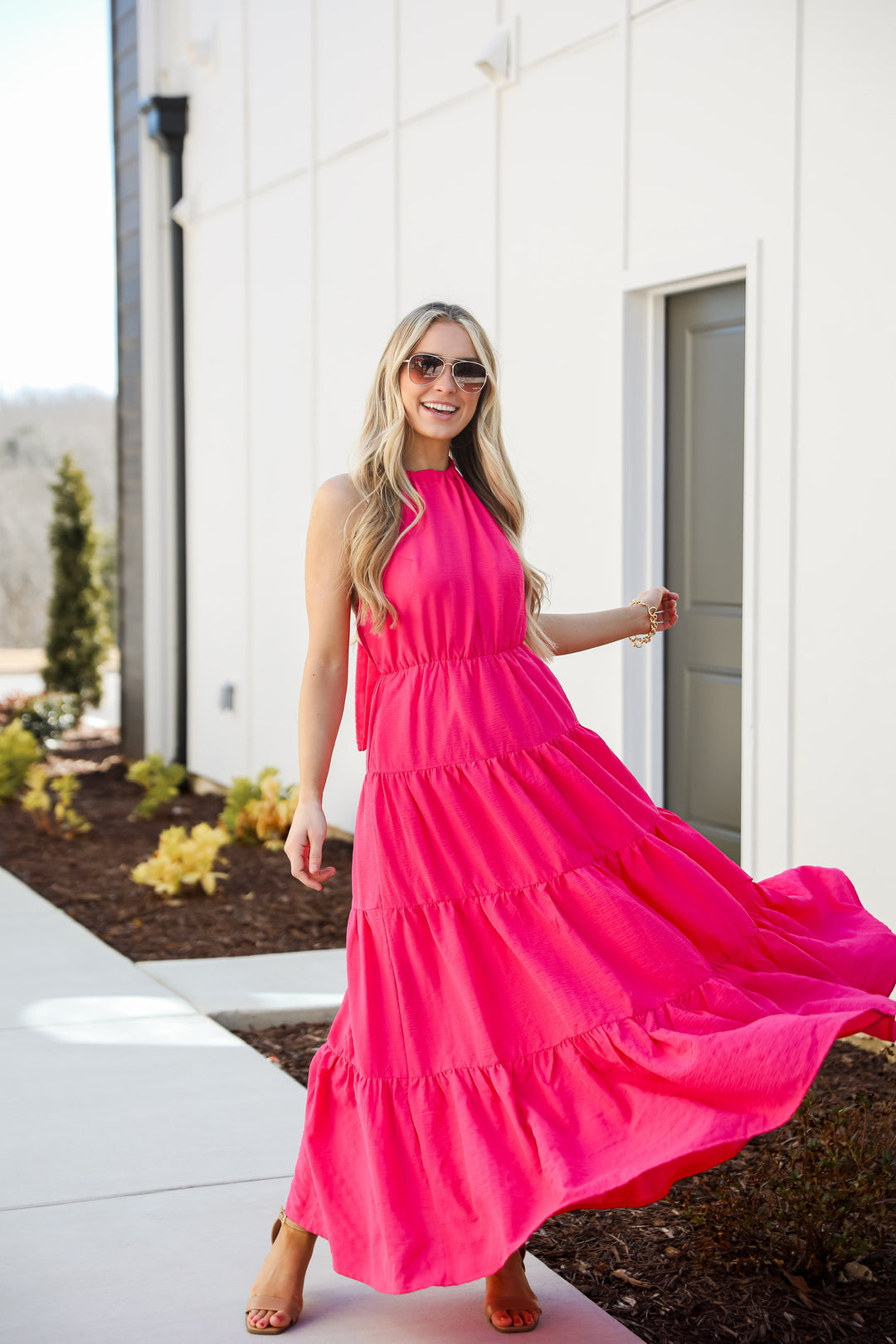 Dress Up model in a pink maxi dress
