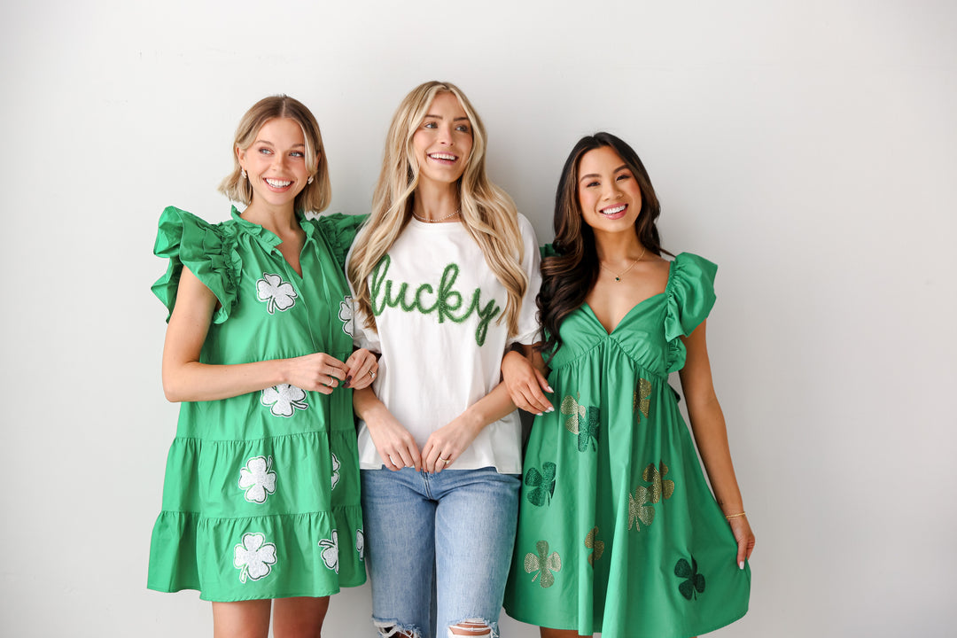 3 models wearing st. patricks day outfits