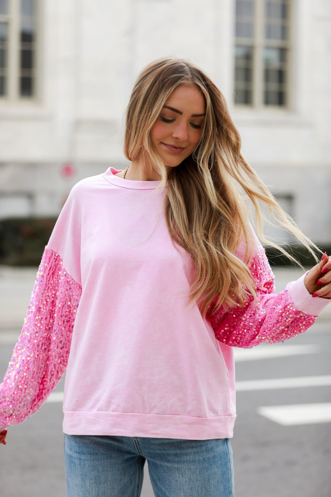 Pink Sequin Sleeve Pullover