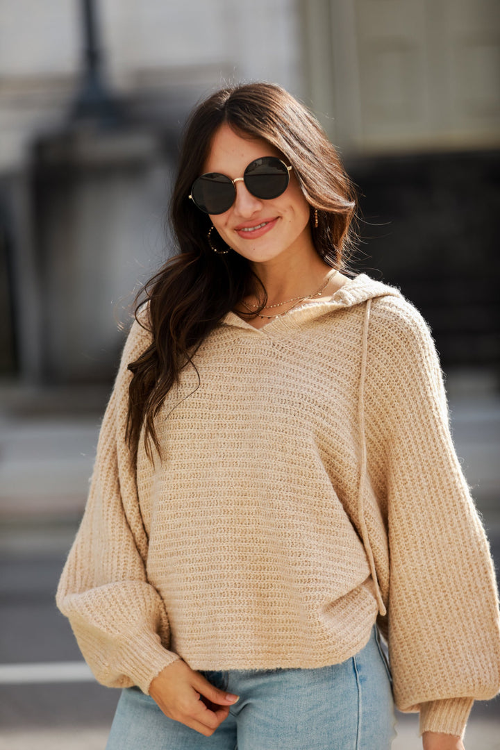 Taupe Hooded Sweater on model