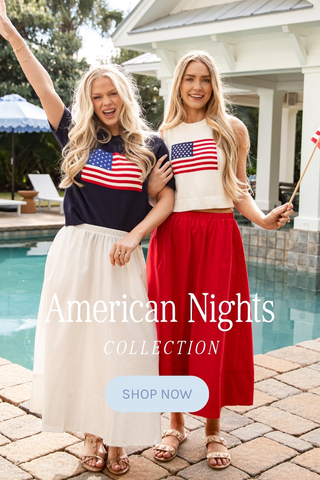 Two women wearing American-themed clothing by a pool, with 'American Nights Collection' text.