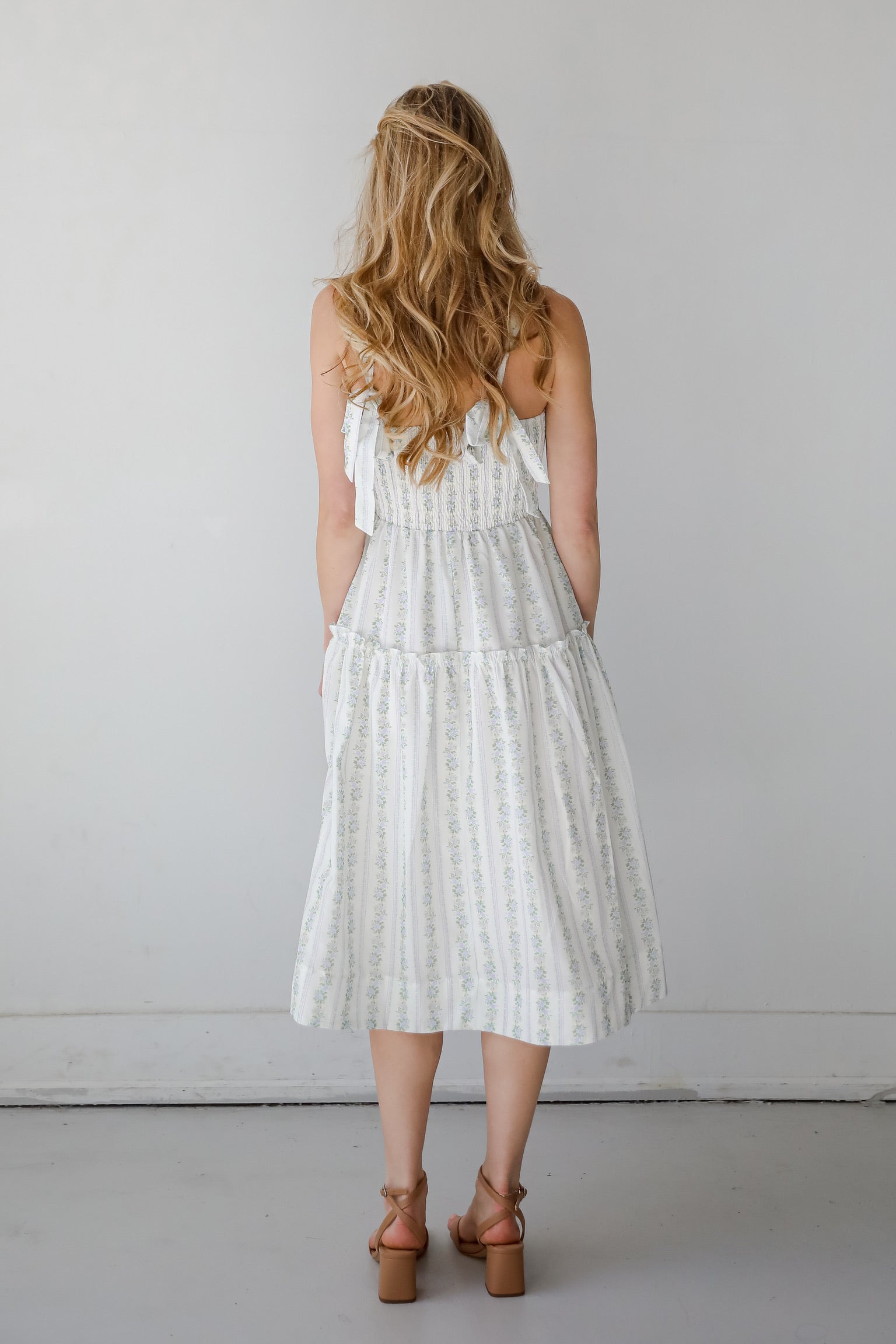 Precious Allure Ivory Smocked Floral Midi Dress