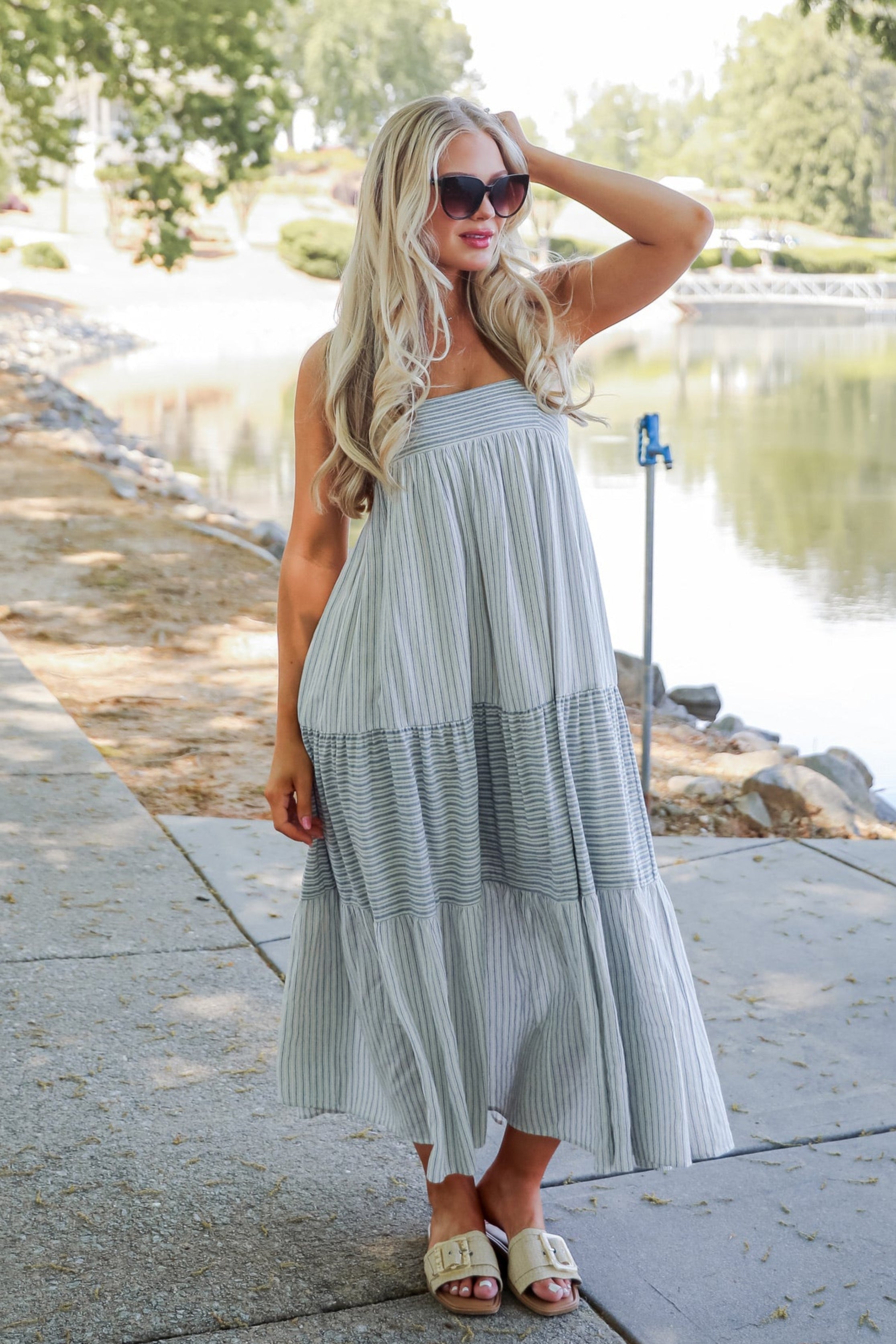 Where It All Begins Off White Striped Tiered Maxi Dress