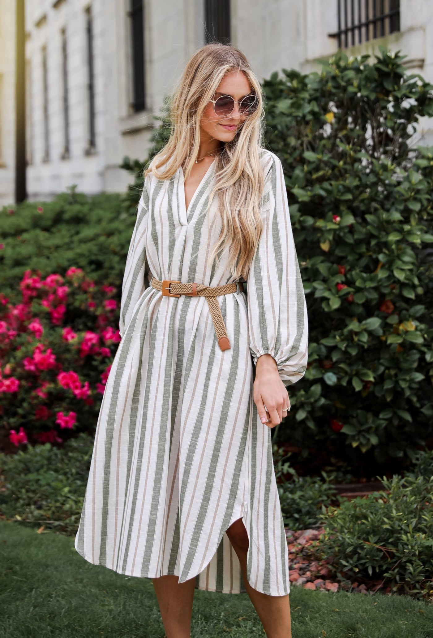 Olive Striped Midi Dress