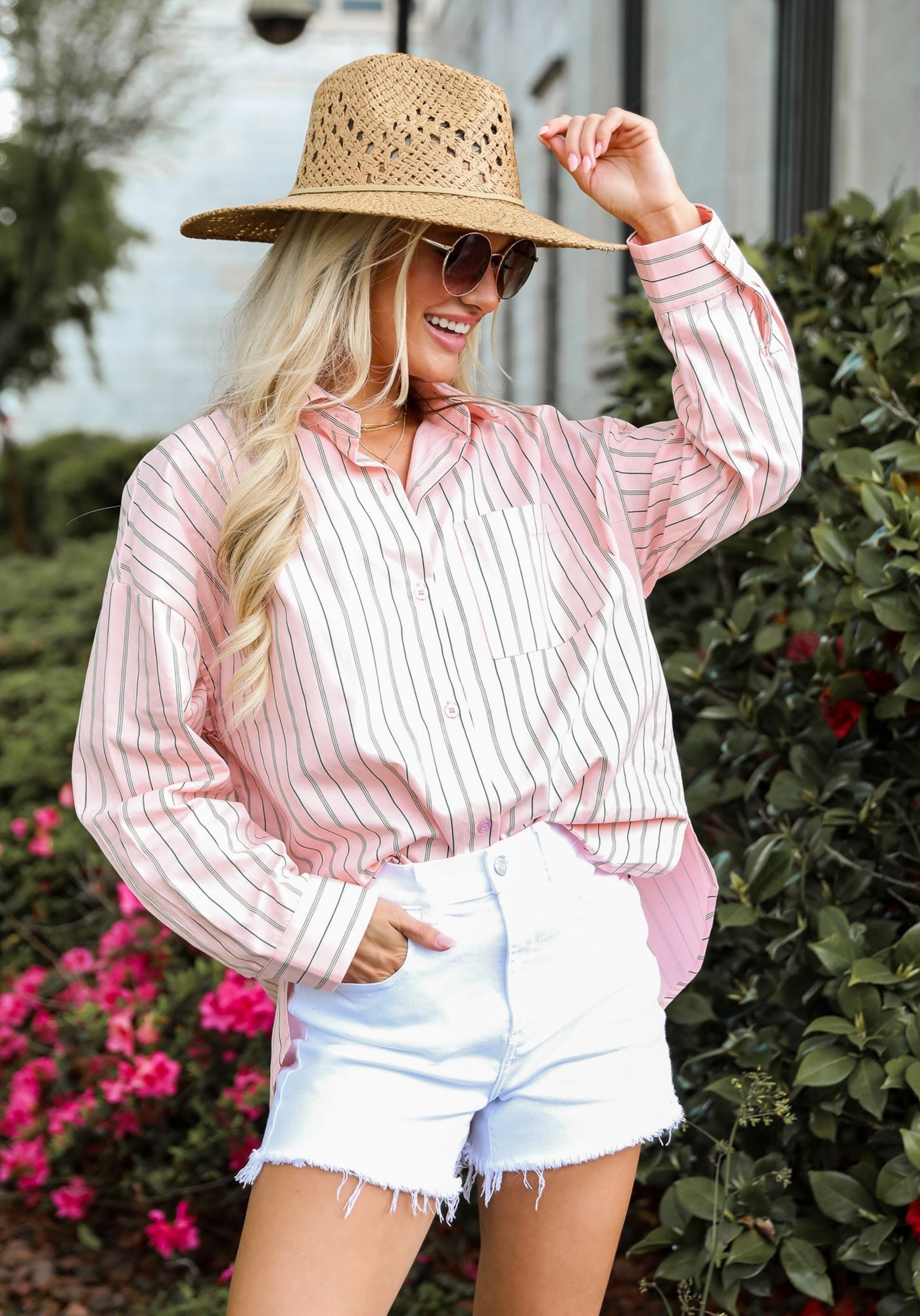 Pink Striped Oversized Button-Up Blouse