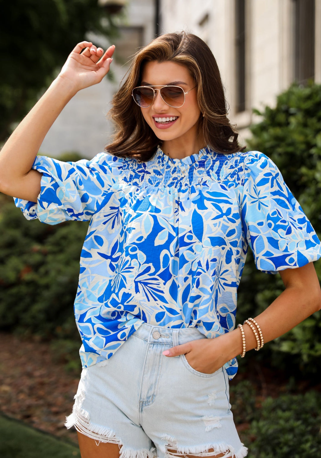 Blue Floral Puff Sleeve Blouse