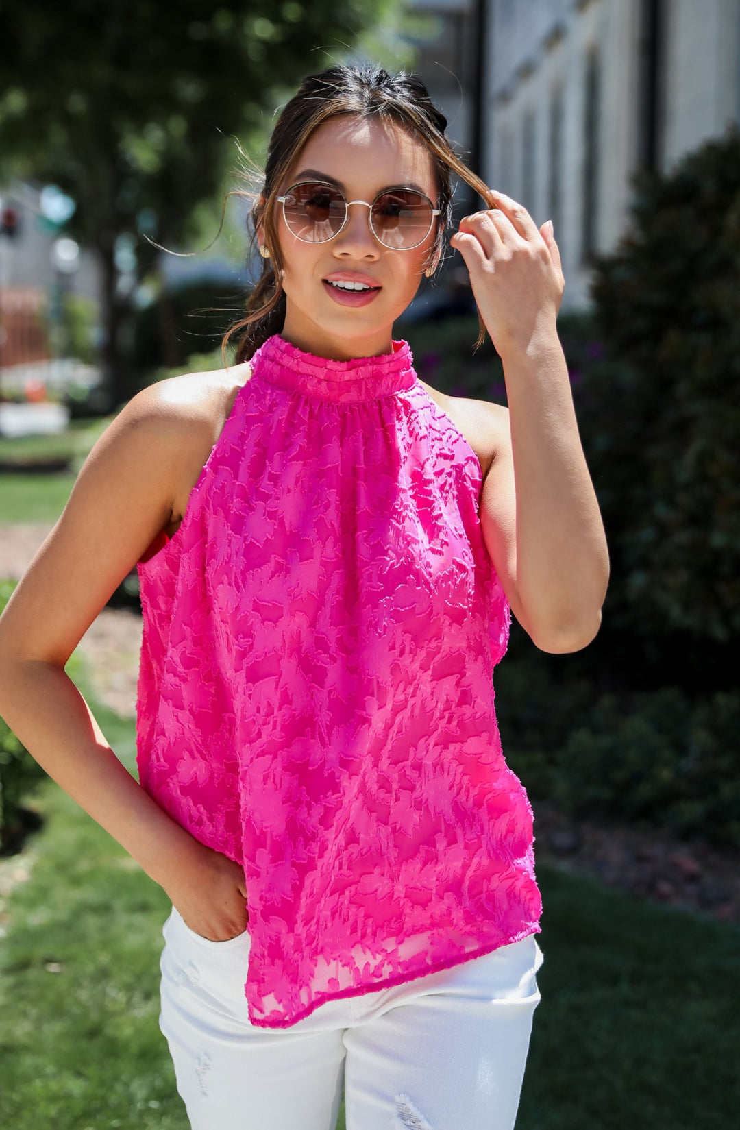 Hot Pink Textured Floral Sleeveless Blouse