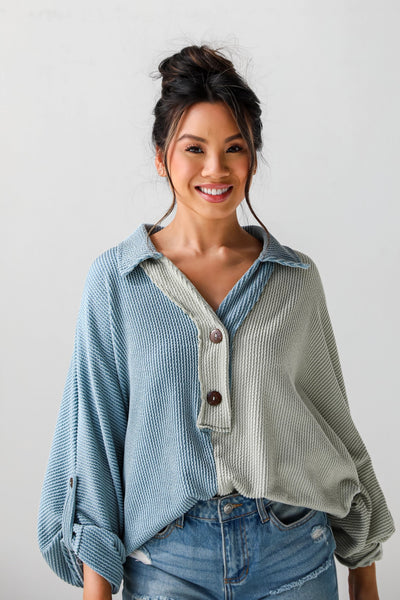 cute sage Corded Color Block Oversized Henley Top