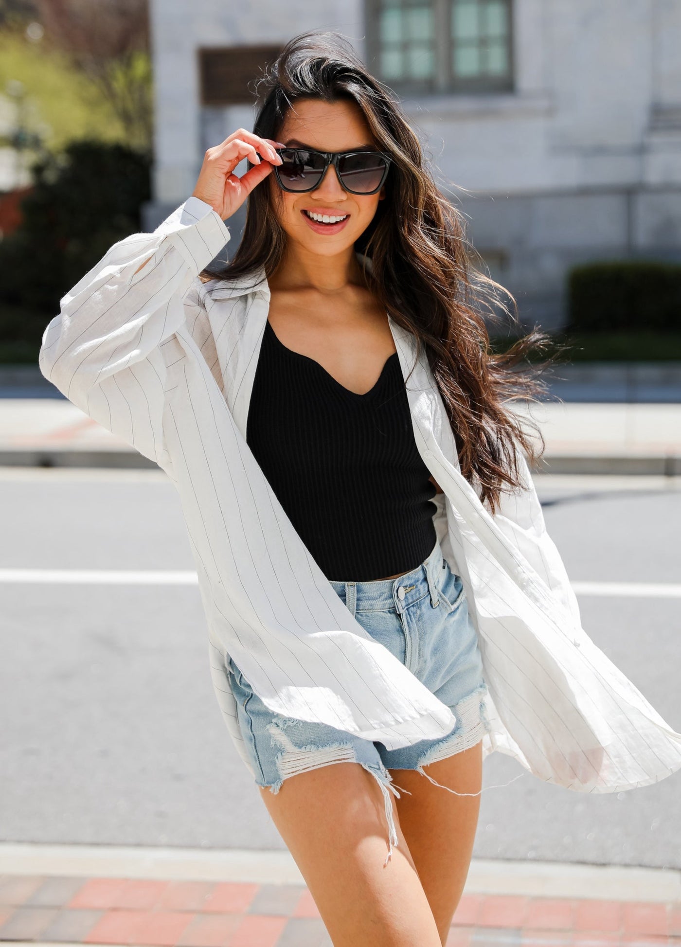 white Pinstripe Oversized Button-Up Blouse