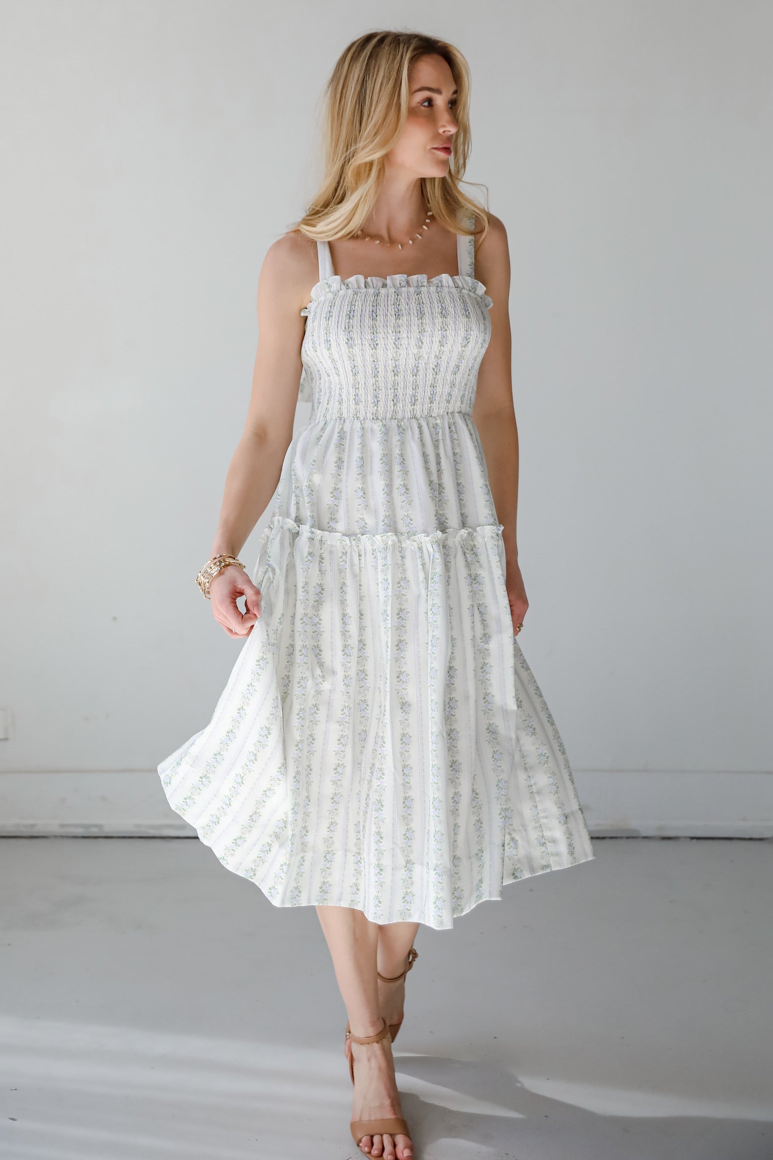 Precious Allure Ivory Smocked Floral Midi Dress