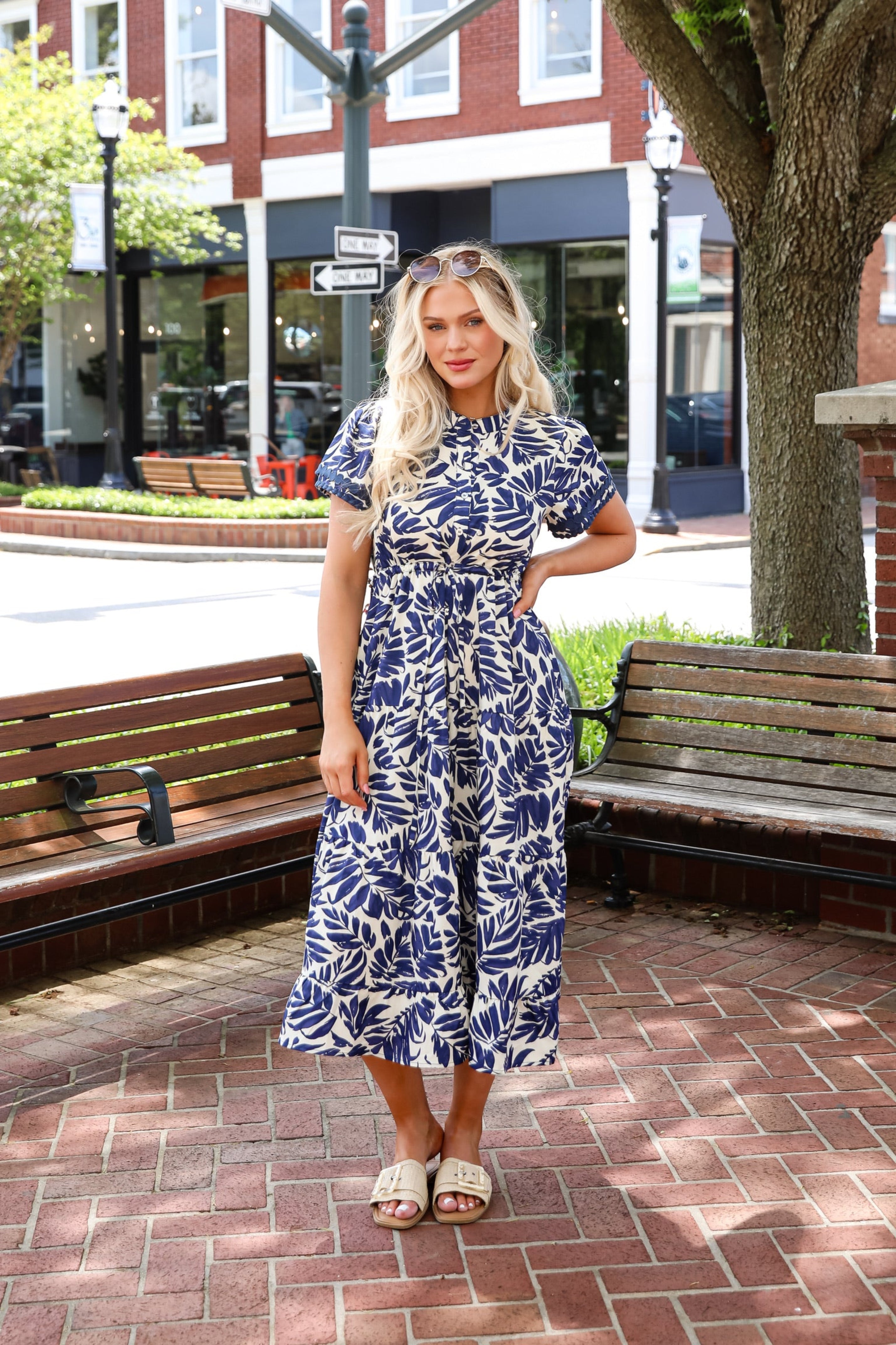 Upon Arrival Blue Leaf Print Tiered Midi Dress