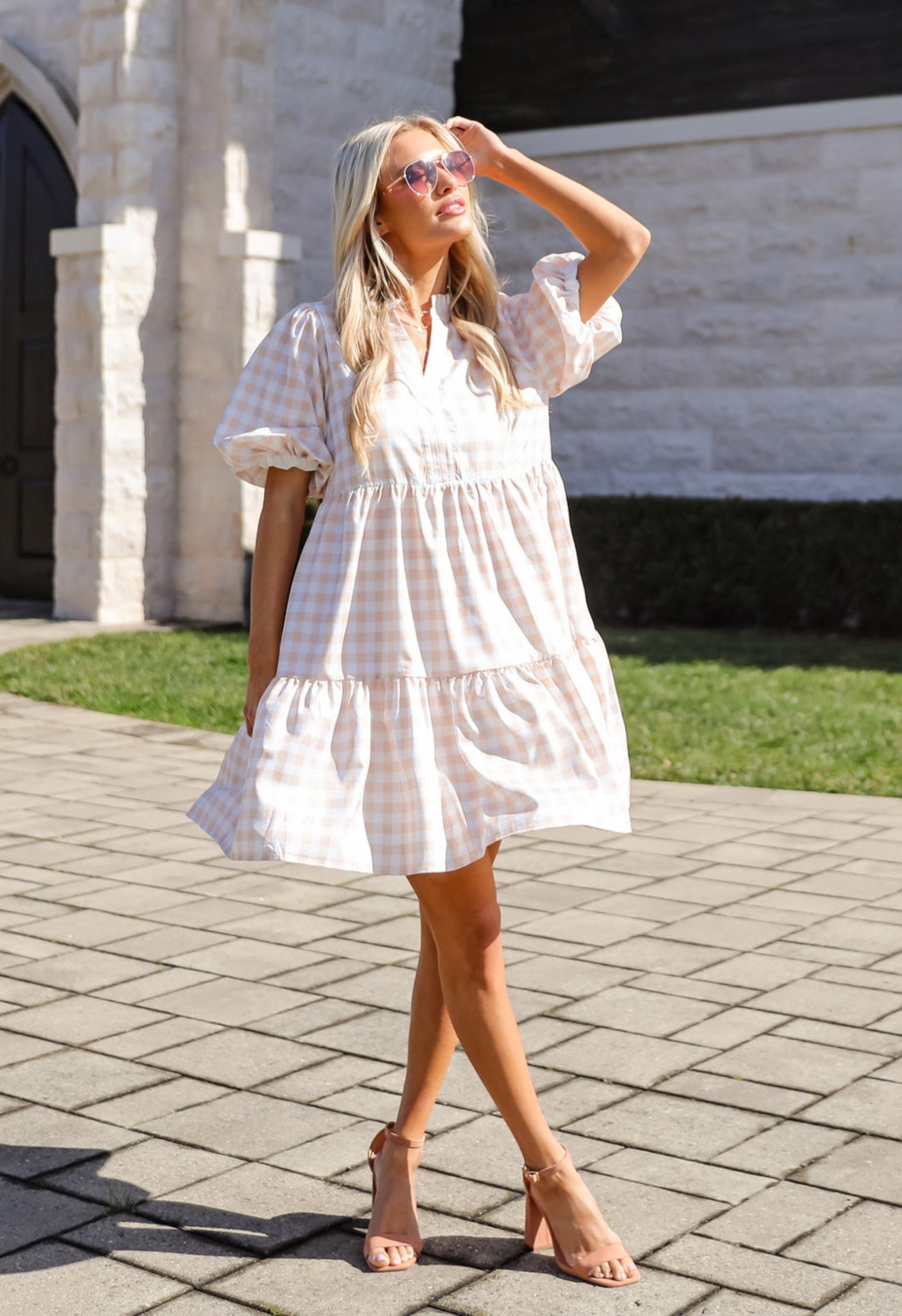 Quite Perfect Taupe Gingham Tiered Mini Dress