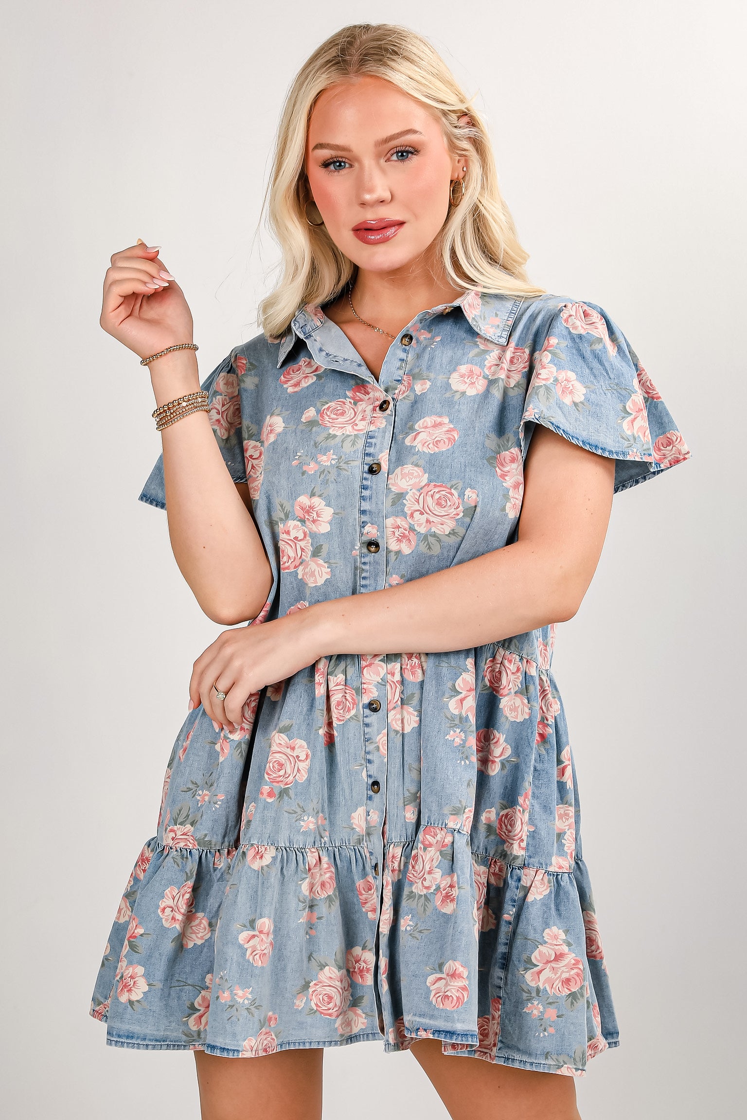 FINAL SALE - Believe In Yourself Floral Denim Tiered Mini Dress