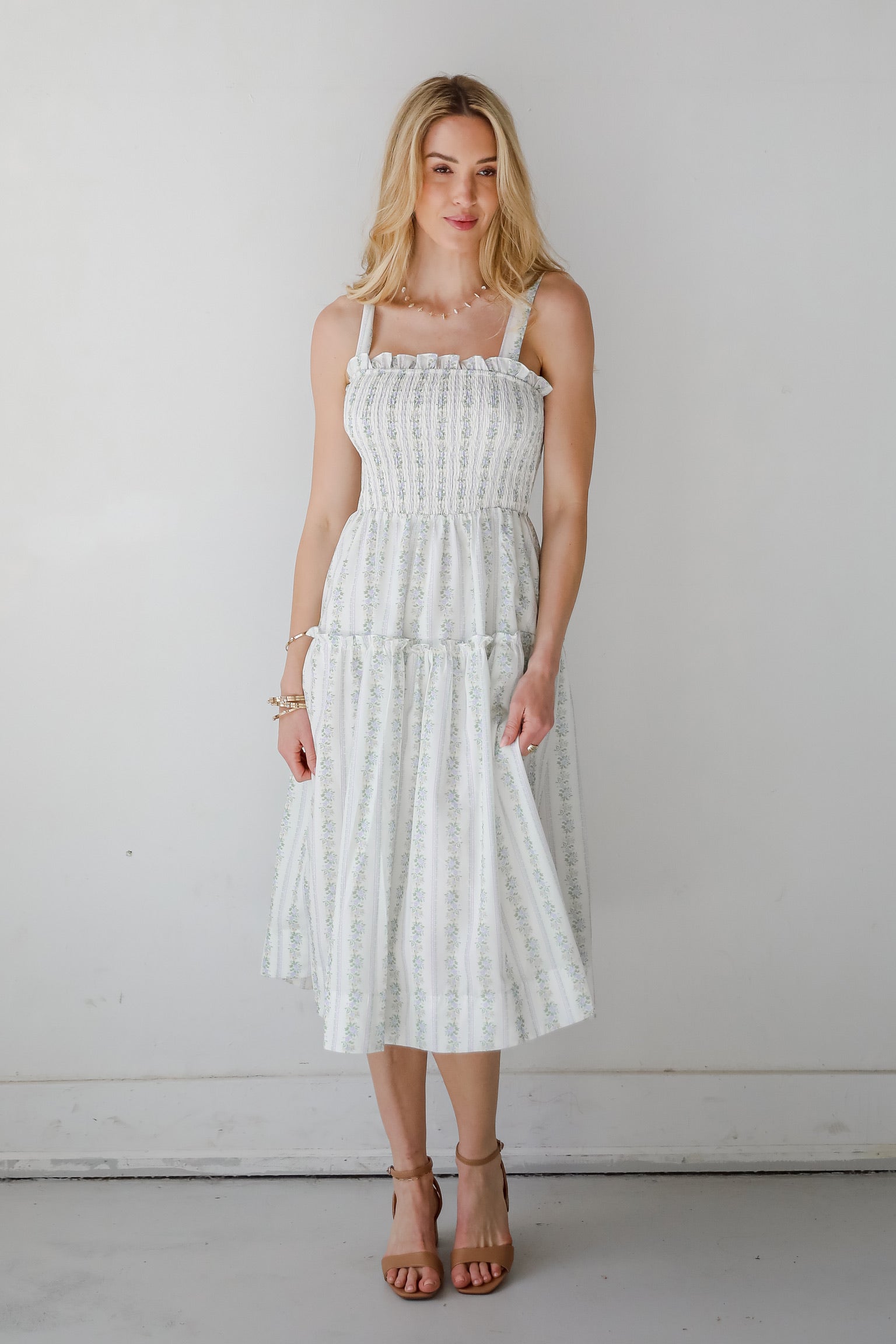 Precious Allure Ivory Smocked Floral Midi Dress