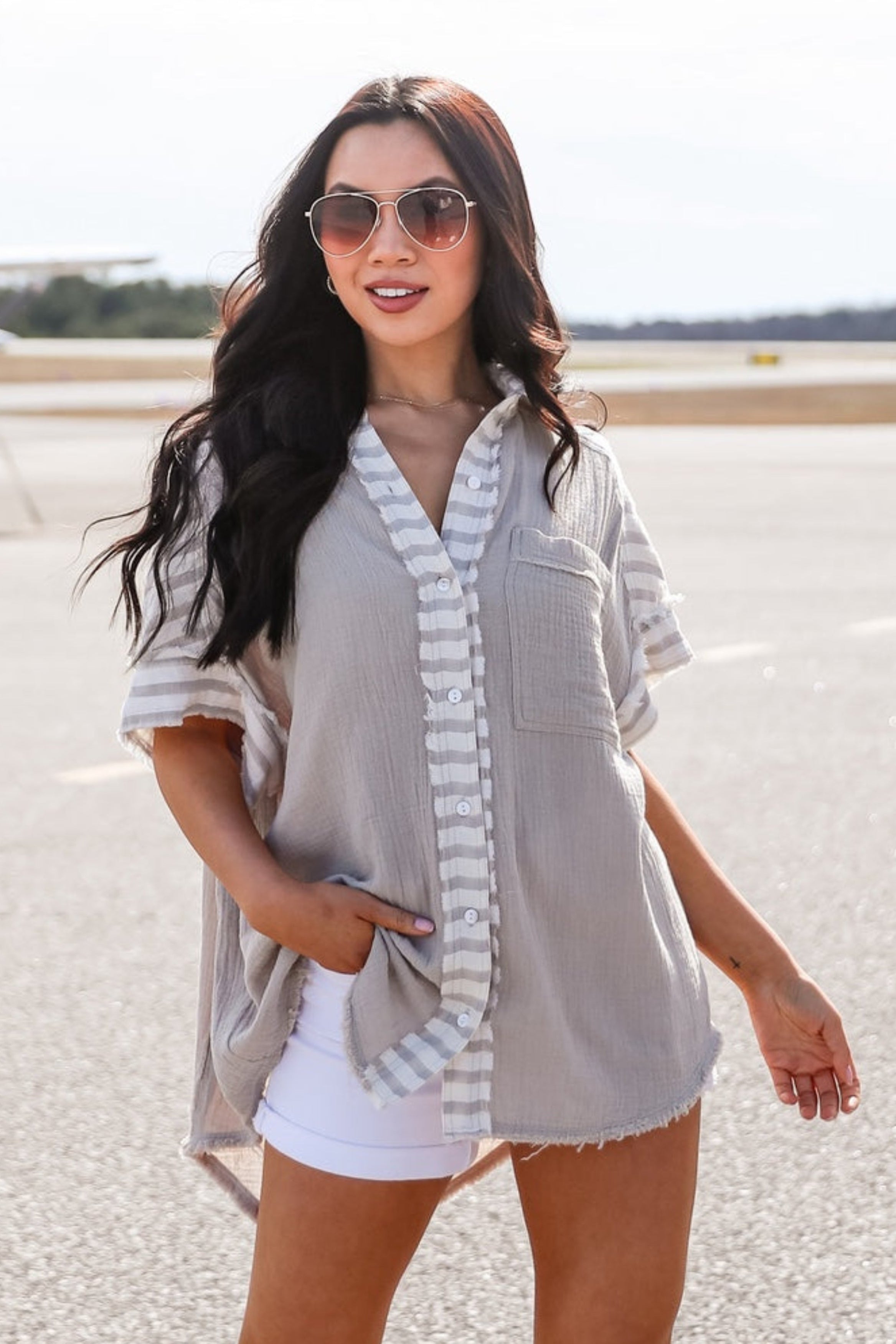 Perfected Sweetness Grey Linen Blouse