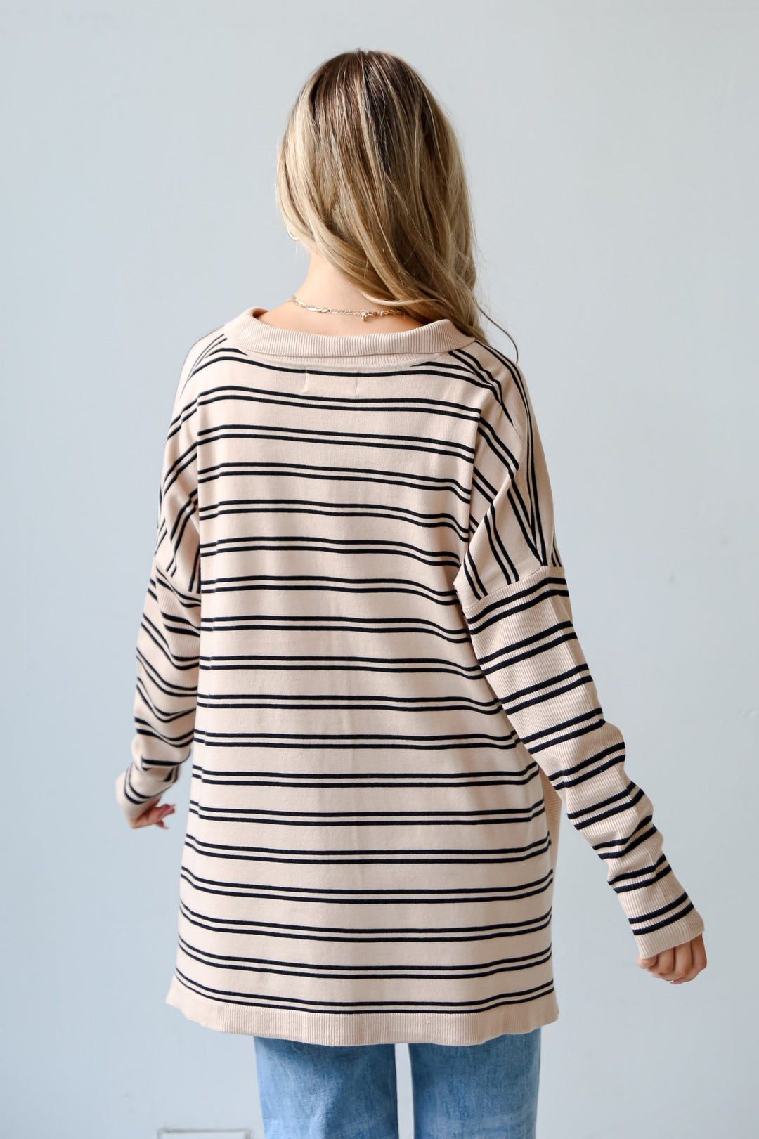 womens Taupe Striped Collared Knit Top