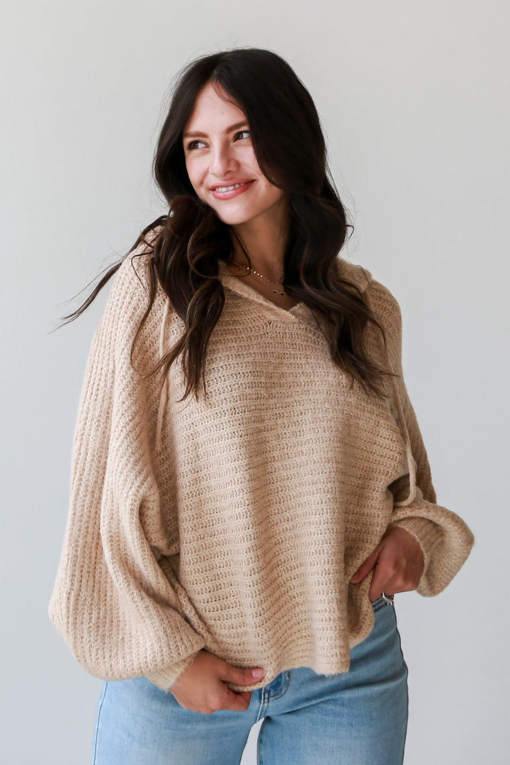 cute Taupe Hooded Sweater front view