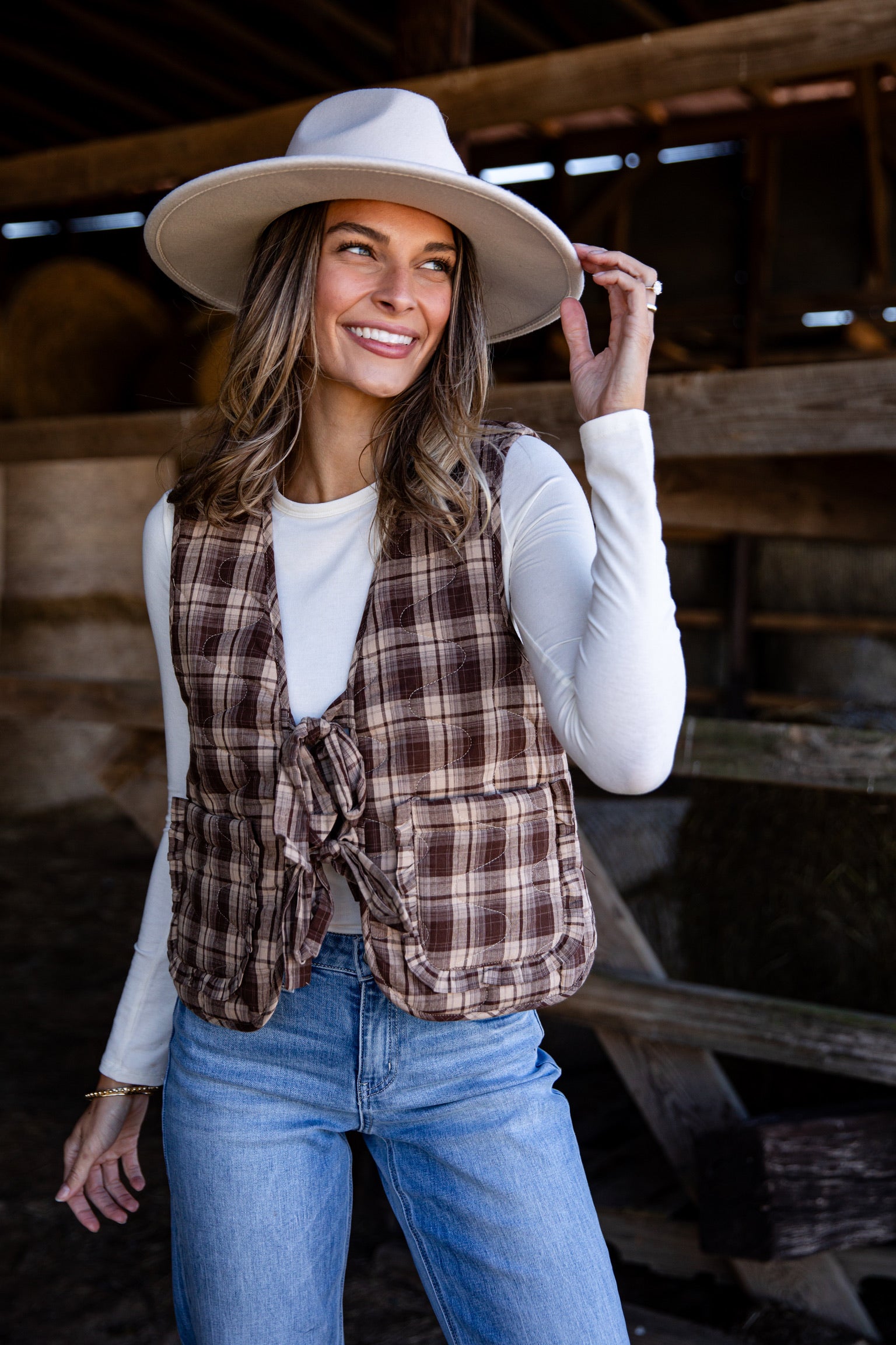 Feel The Radiance Brown Plaid Quilted Tie Vest