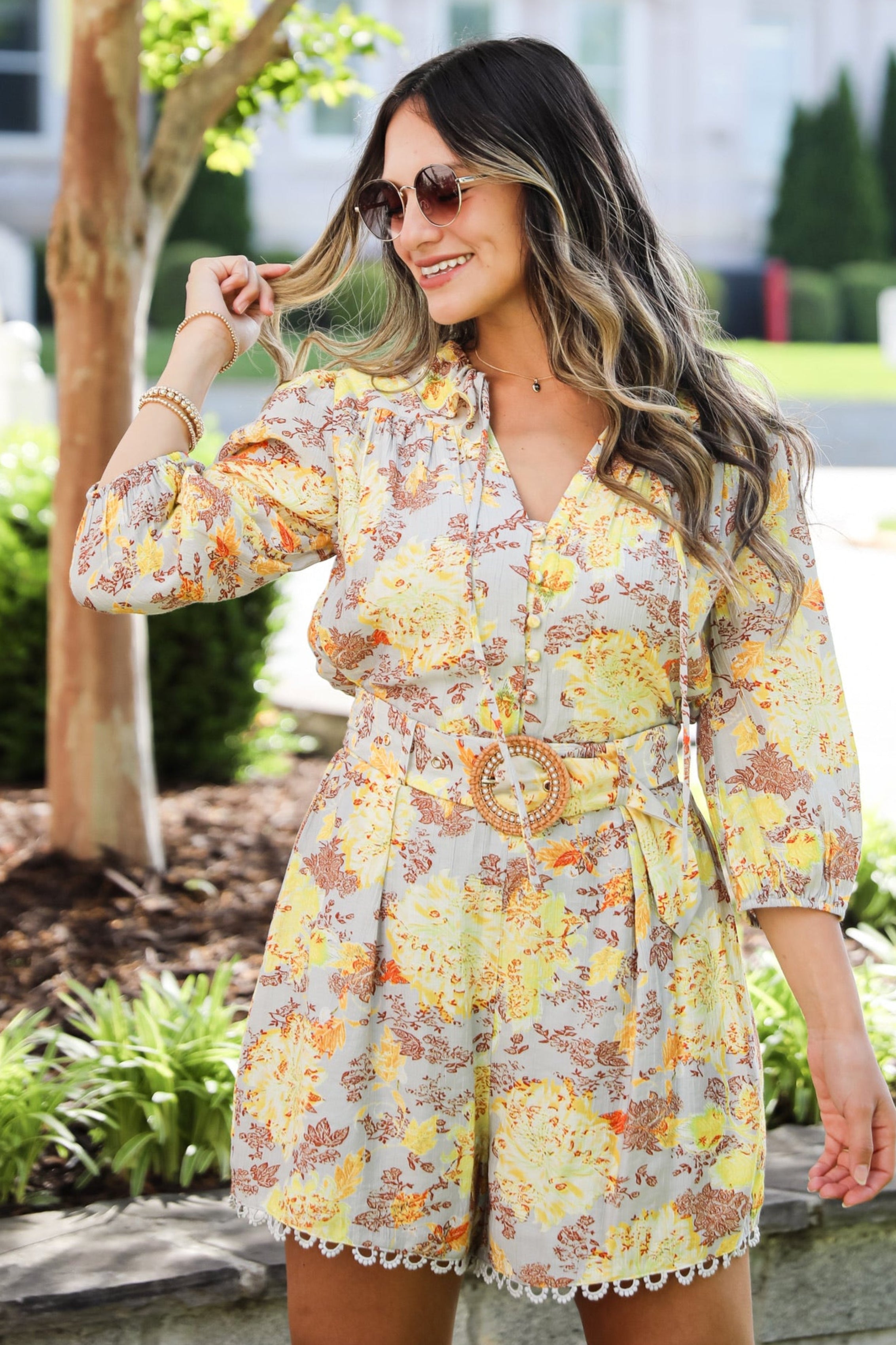 Flirtatious Attitude Grey Floral Romper