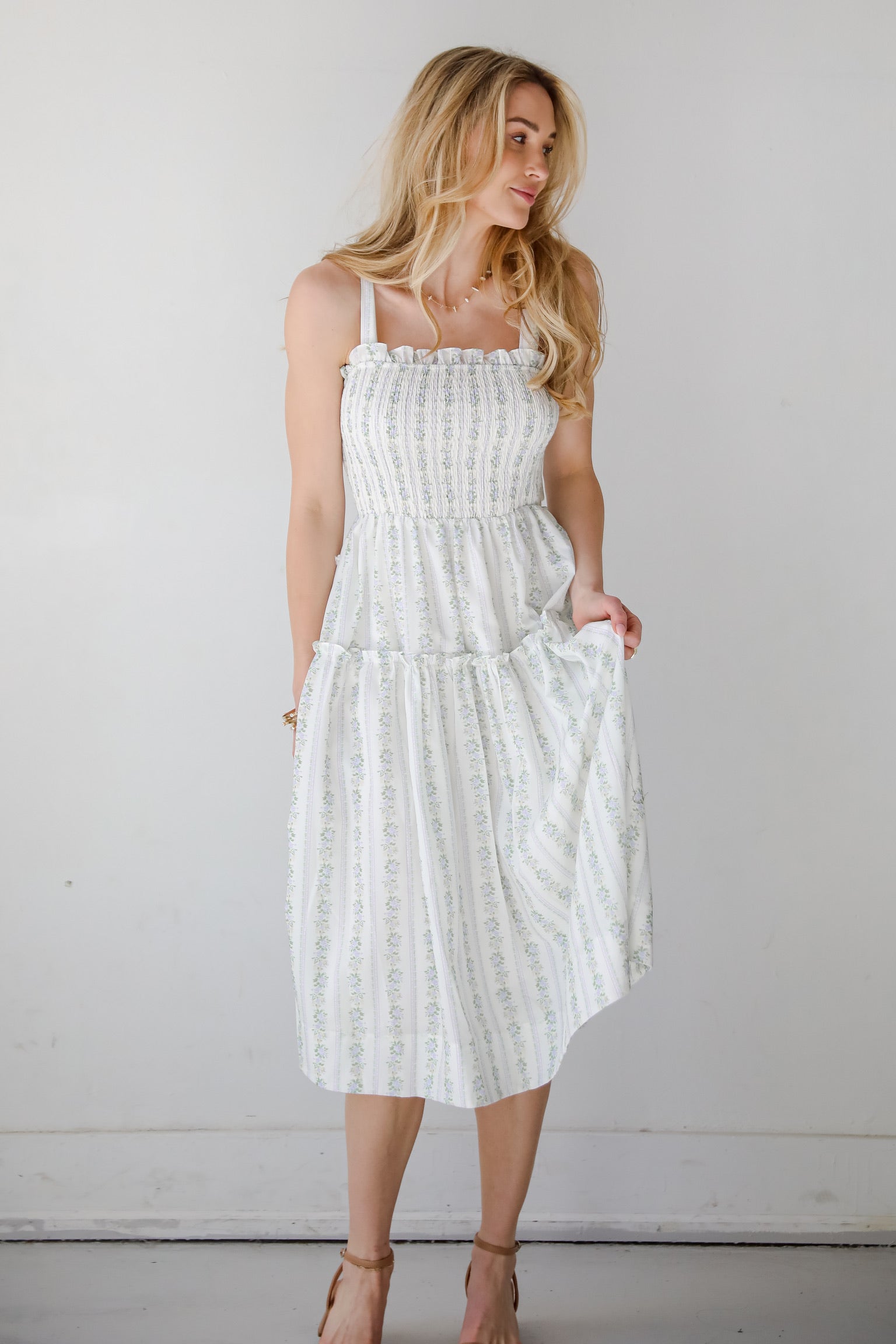 Precious Allure Ivory Smocked Floral Midi Dress