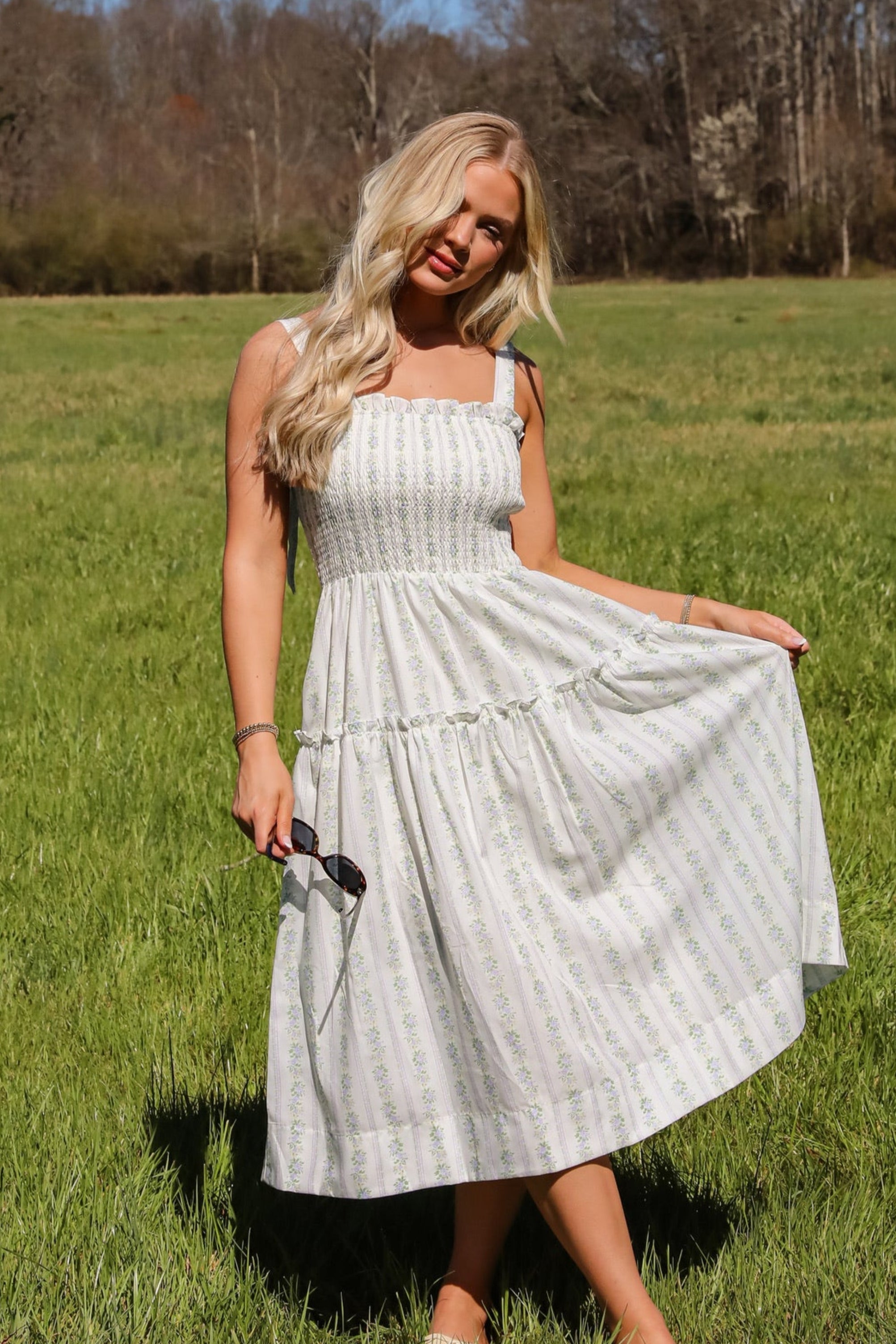 Precious Allure Ivory Smocked Floral Midi Dress