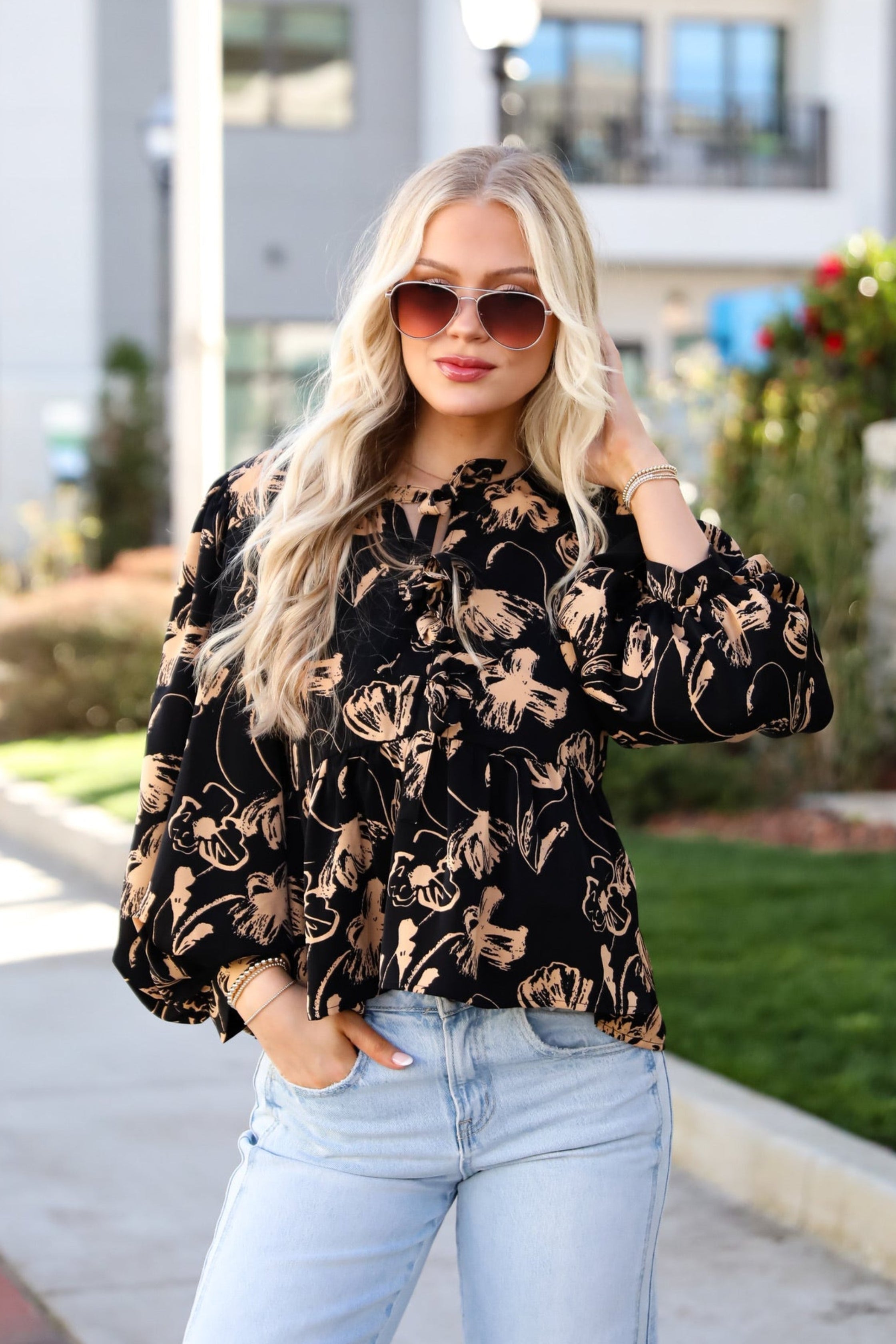 Alluring Invite Black Floral Bow Blouse
