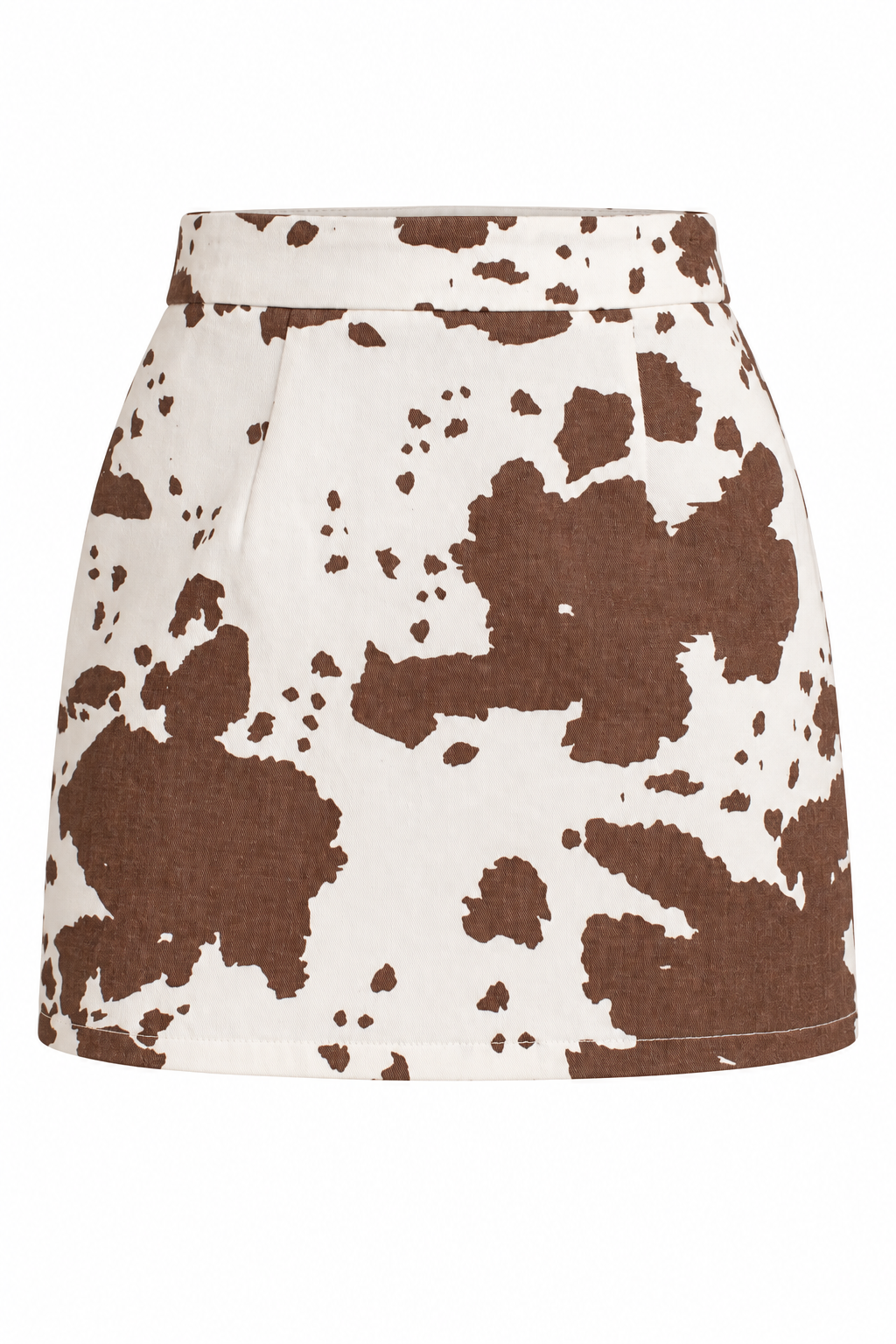 A high-waisted A-line mini skirt with a brown and off-white cow print pattern, shown against a plain white background.