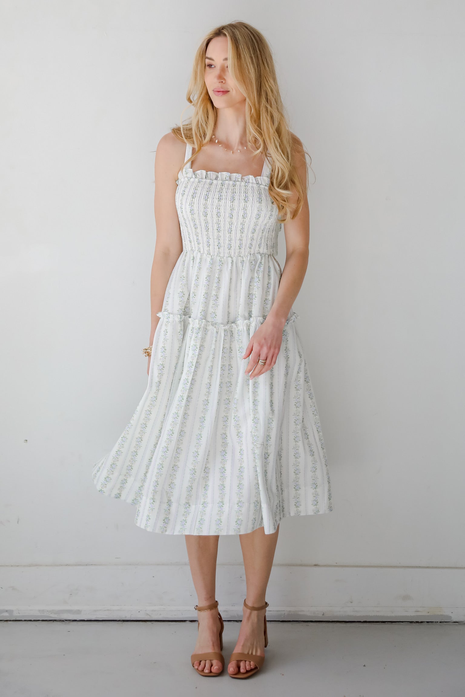 Precious Allure Ivory Smocked Floral Midi Dress