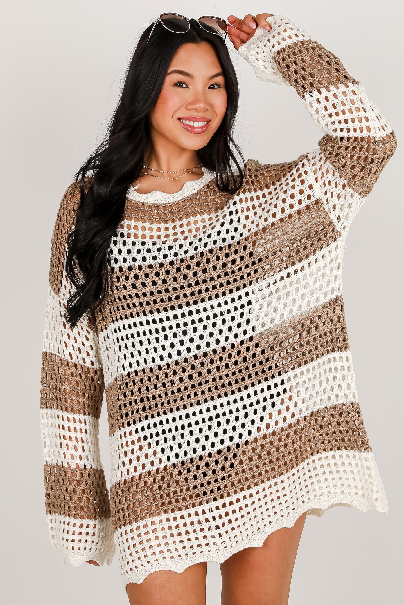 On The Coast Mocha Striped Crochet Tunic