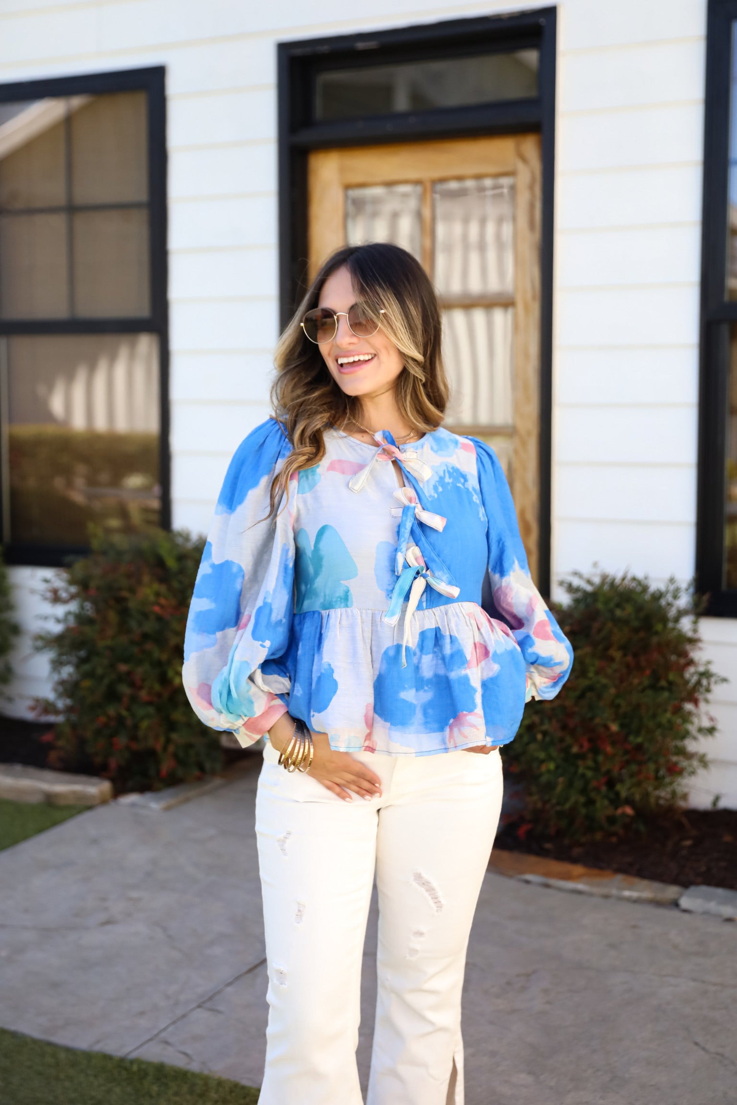 Just My Type Royal Blue Floral Bow Blouse