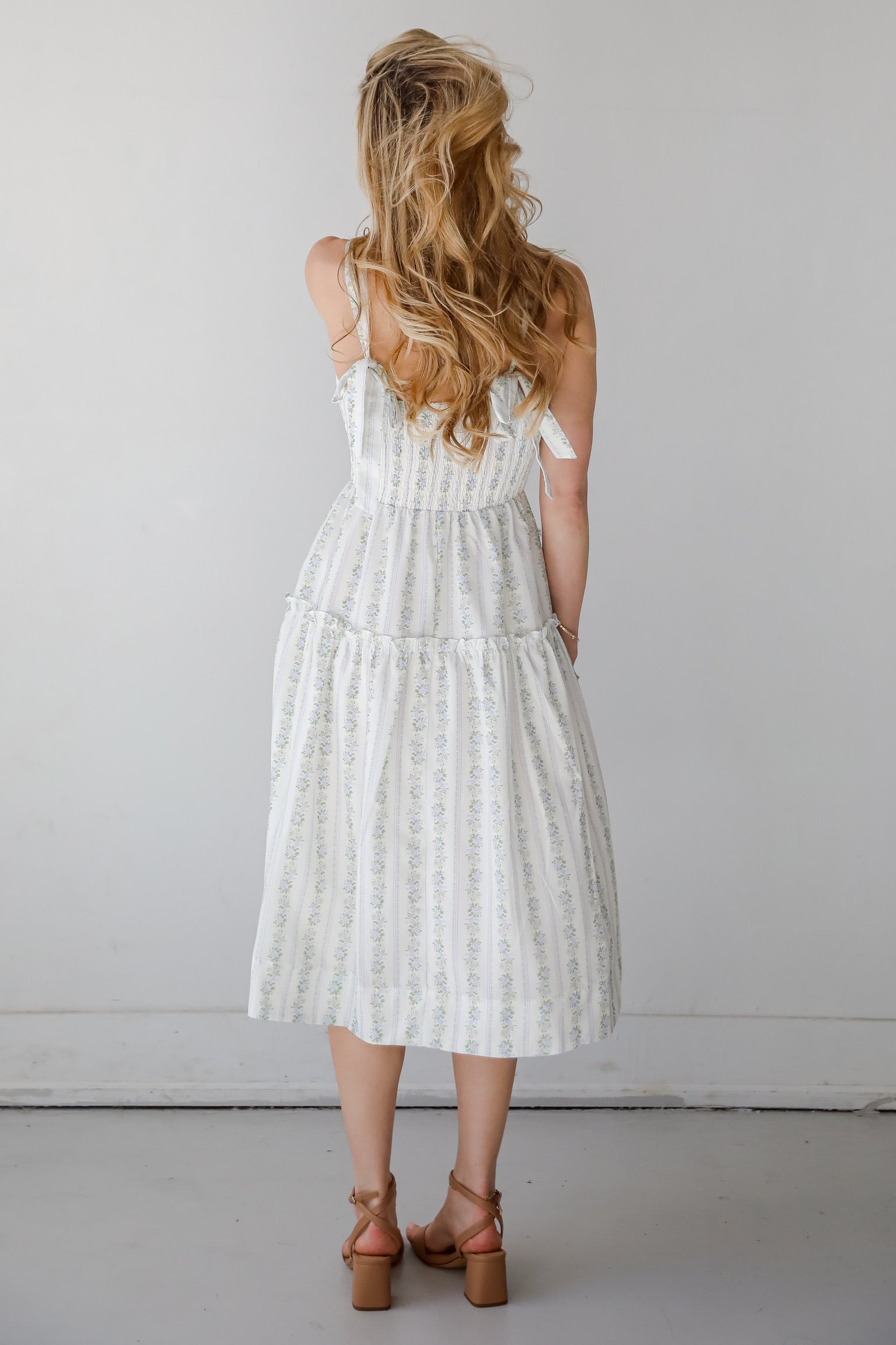 Precious Allure Ivory Smocked Floral Midi Dress