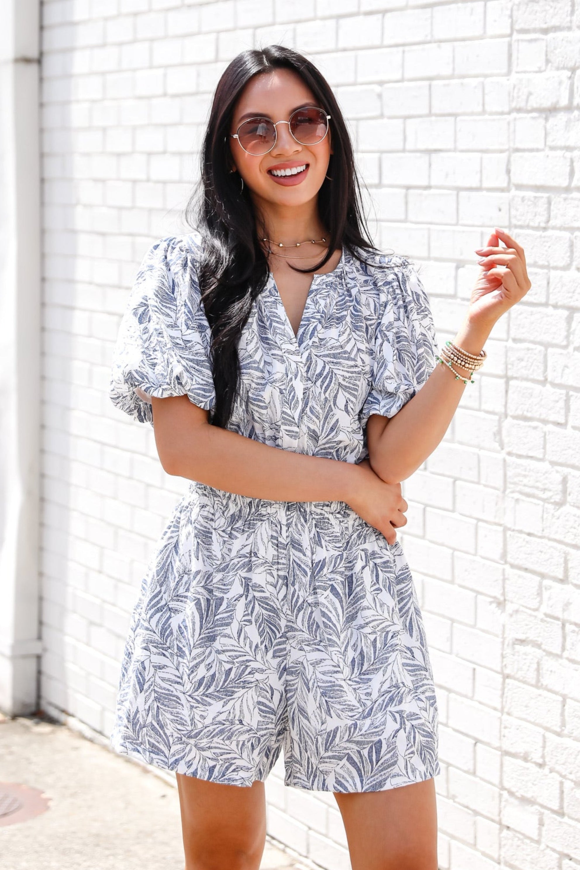 Under The Palms Navy Leaf Print Romper