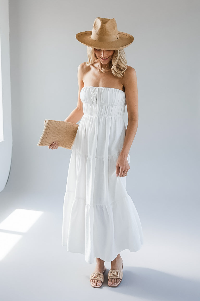 strapless white maxi dress Estella White Strapless Maxi Dress |