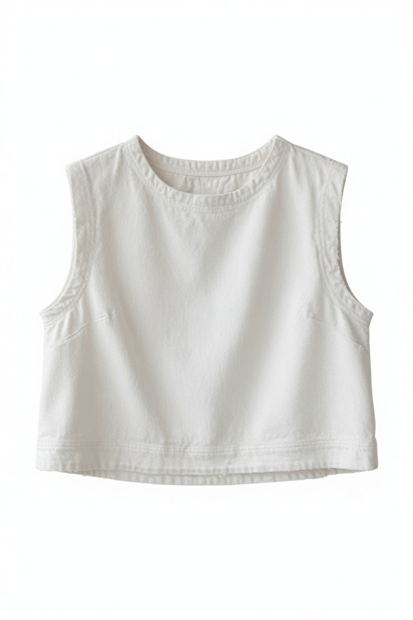 A sleeveless white crop top with a crew neck, photographed flat against a solid white background.