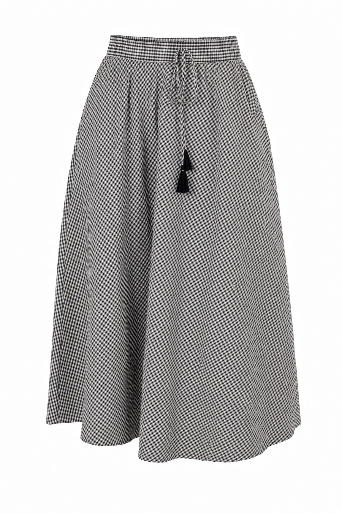 A black and white micro-check patterned midi skirt with a drawstring waist and a black tassel accent, shown against a plain white background.
