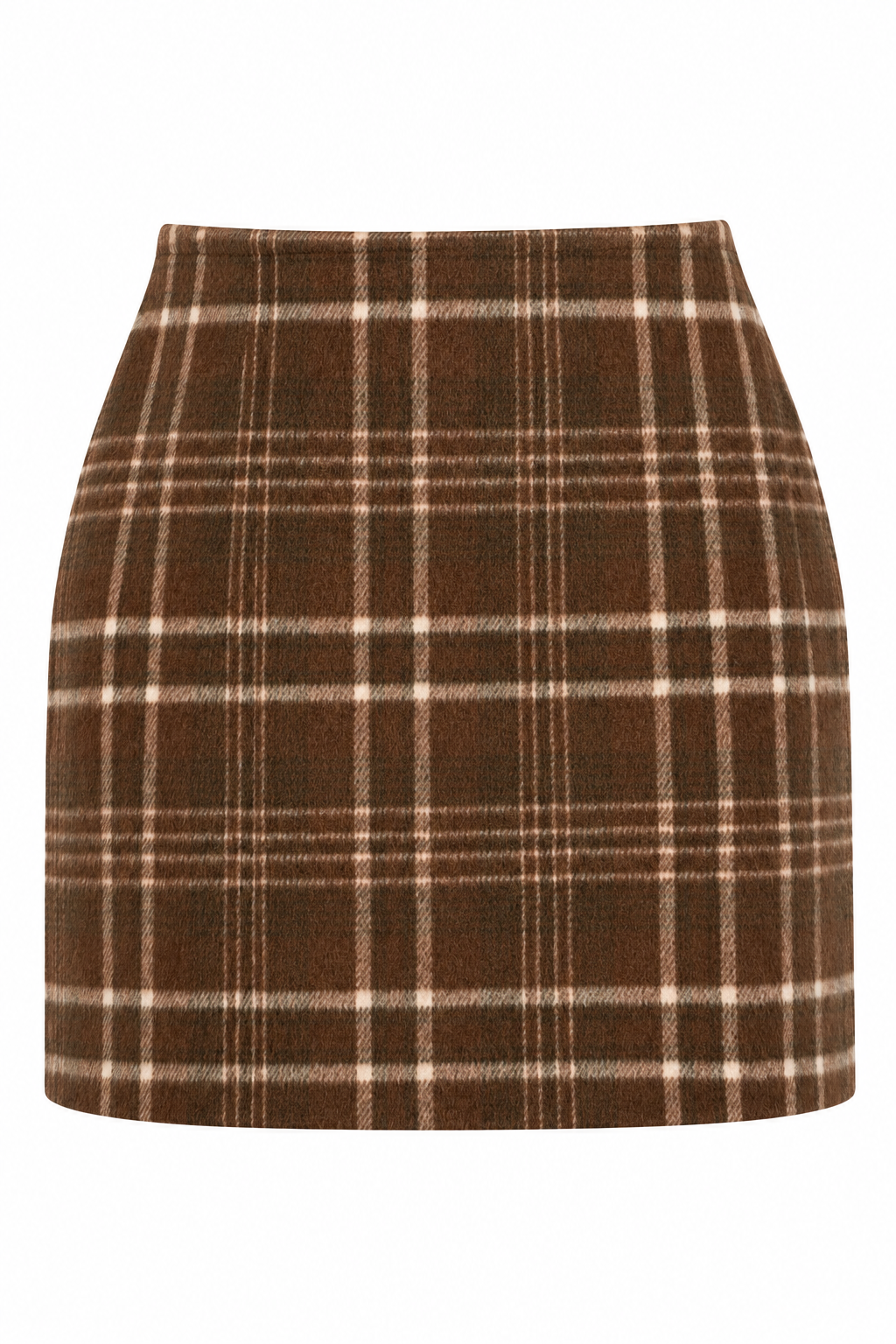 A brown plaid mini skirt with cream and beige lines, shown flat against a solid white background.