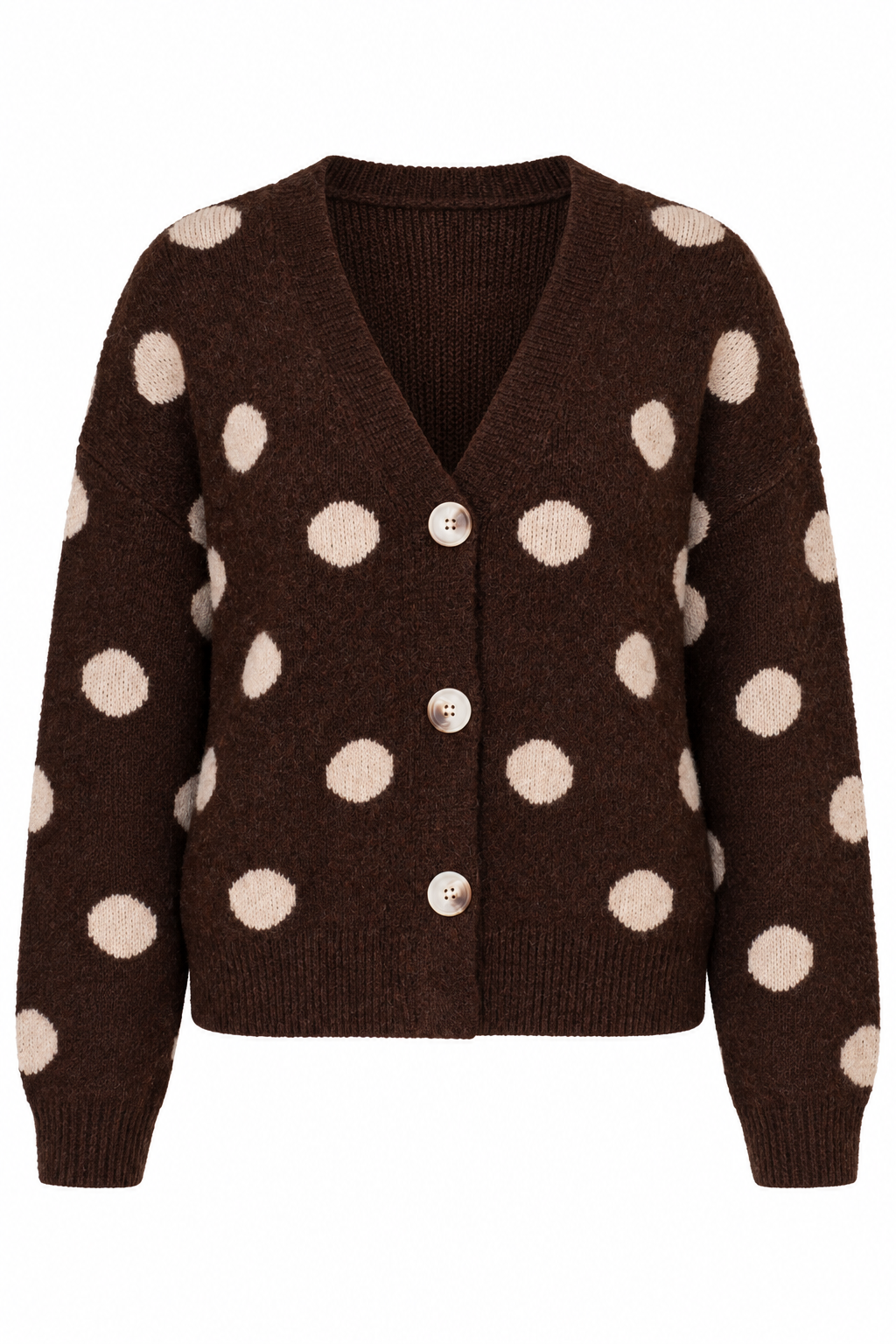 A dark brown knit cardigan sweater with beige polka dots and three silver buttons, shown against a plain white background.