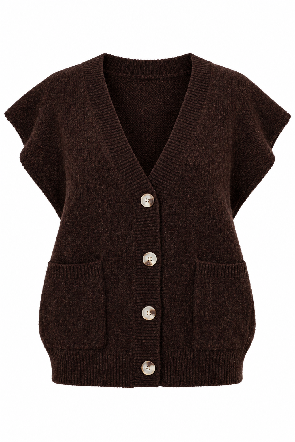 A dark brown knit cardigan vest with short cap sleeves, a V-neck, front button closure, and two front patch pockets, shown on a plain white background.
