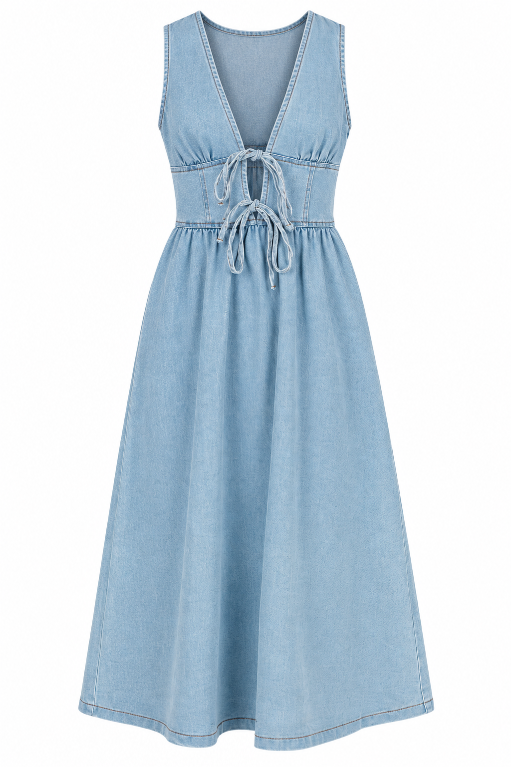 A light blue denim sleeveless dress with a V-neckline, gathered waist, and front tie detail, shown against a plain white background.