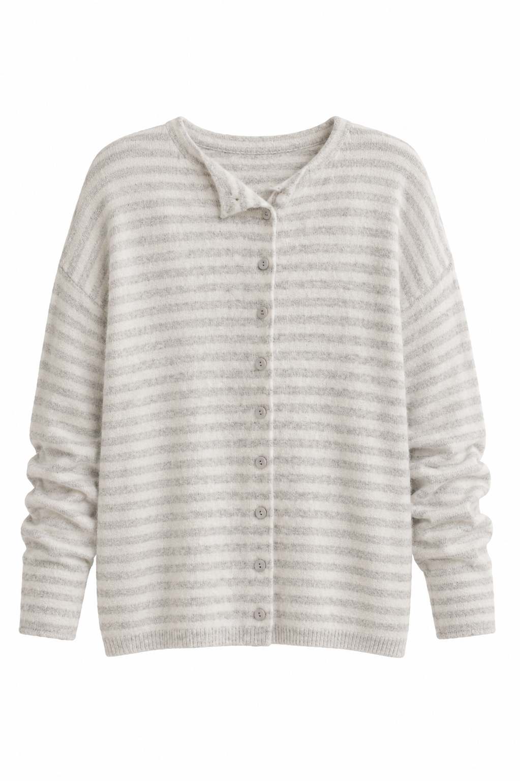 A light beige and white striped knit cardigan sweater with a button-up front, displayed on a clean white background.