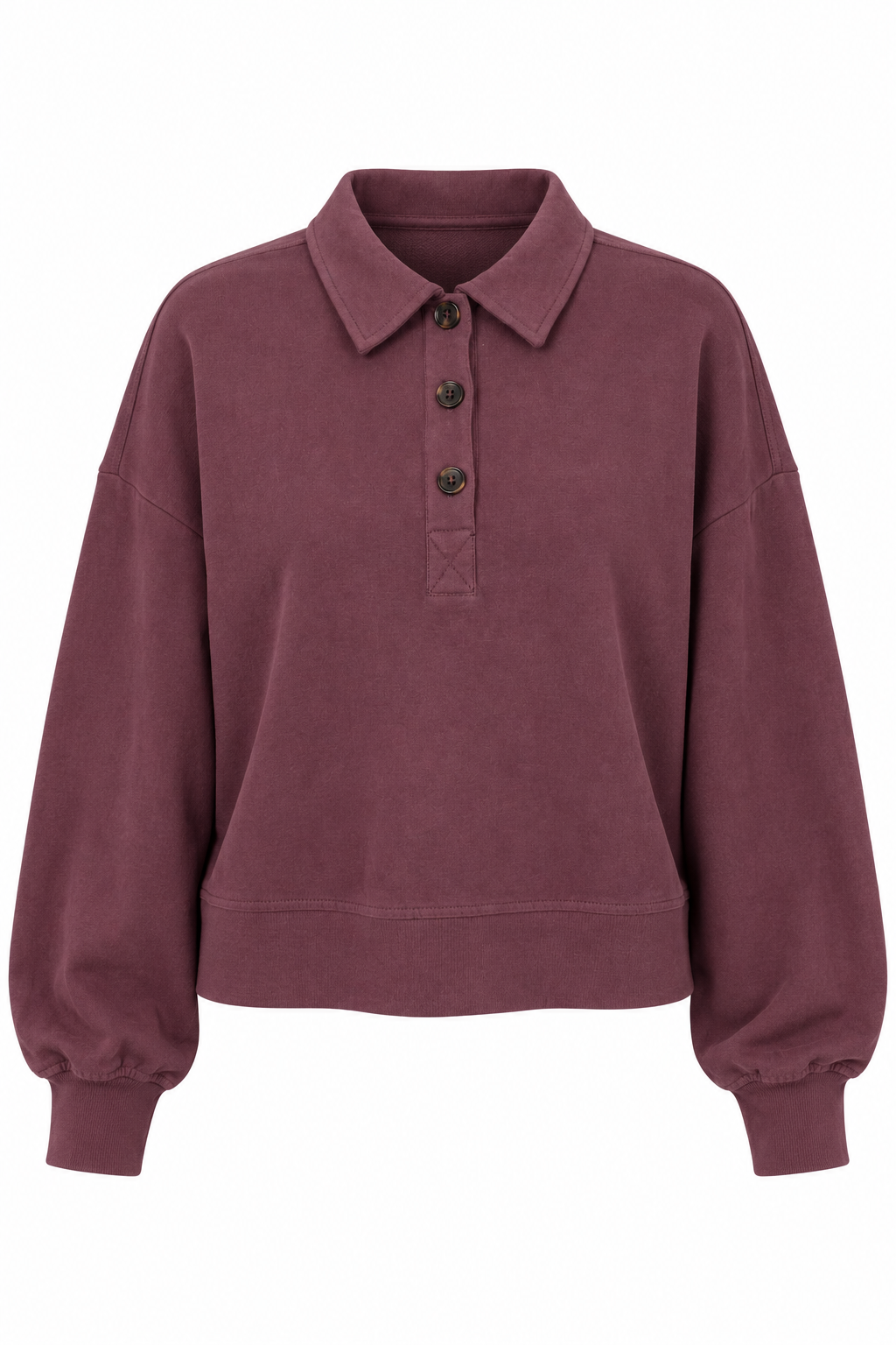 A dusty mauve-brown long-sleeve polo sweatshirt with a three-button placket, shown against a plain white background.