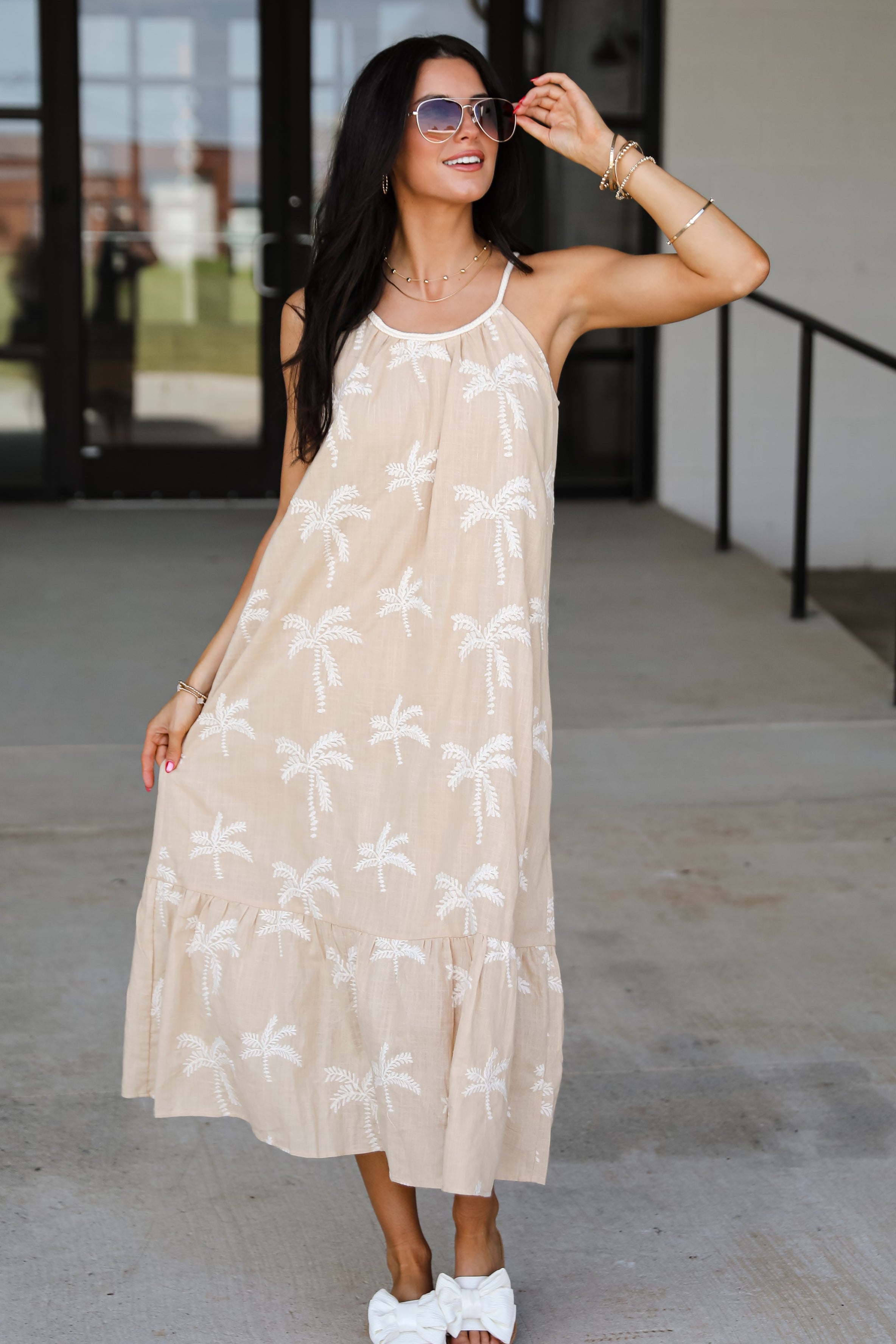 Take Me To The Tropics Taupe Palm Tree Maxi Dress