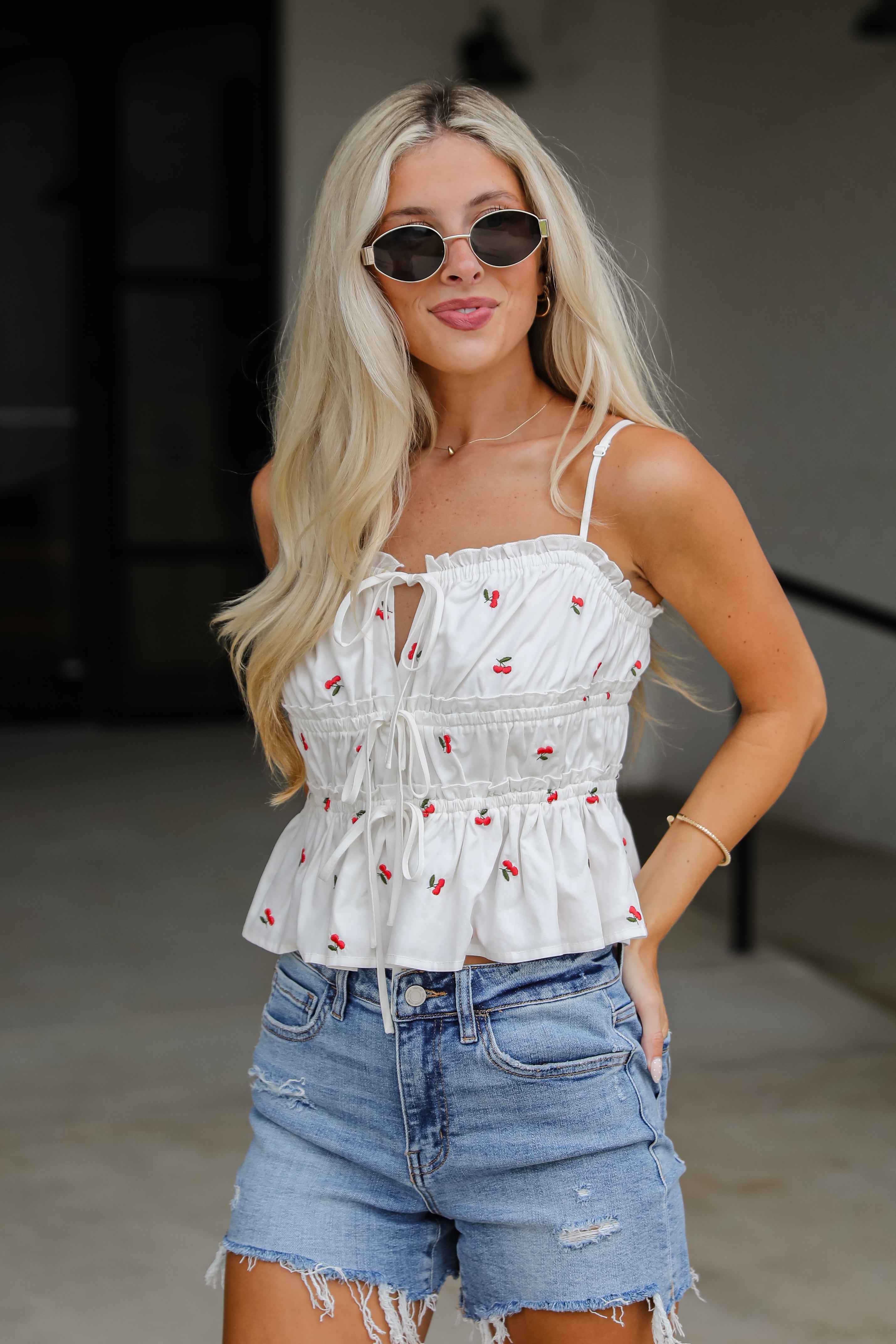 Cherry Sweet White Ruffle Tank