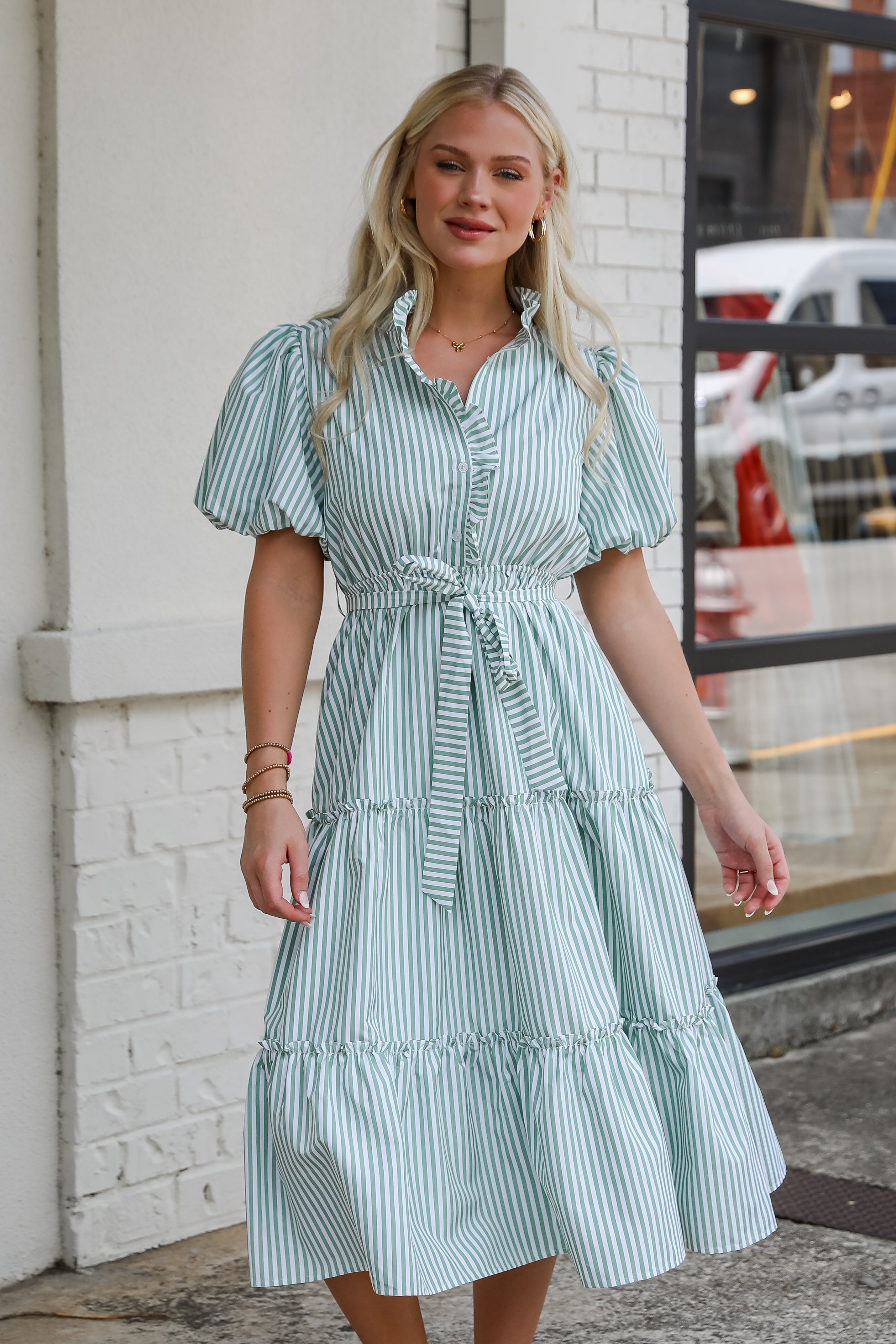Gorgeous Purpose Green Striped Tiered Midi Dress
