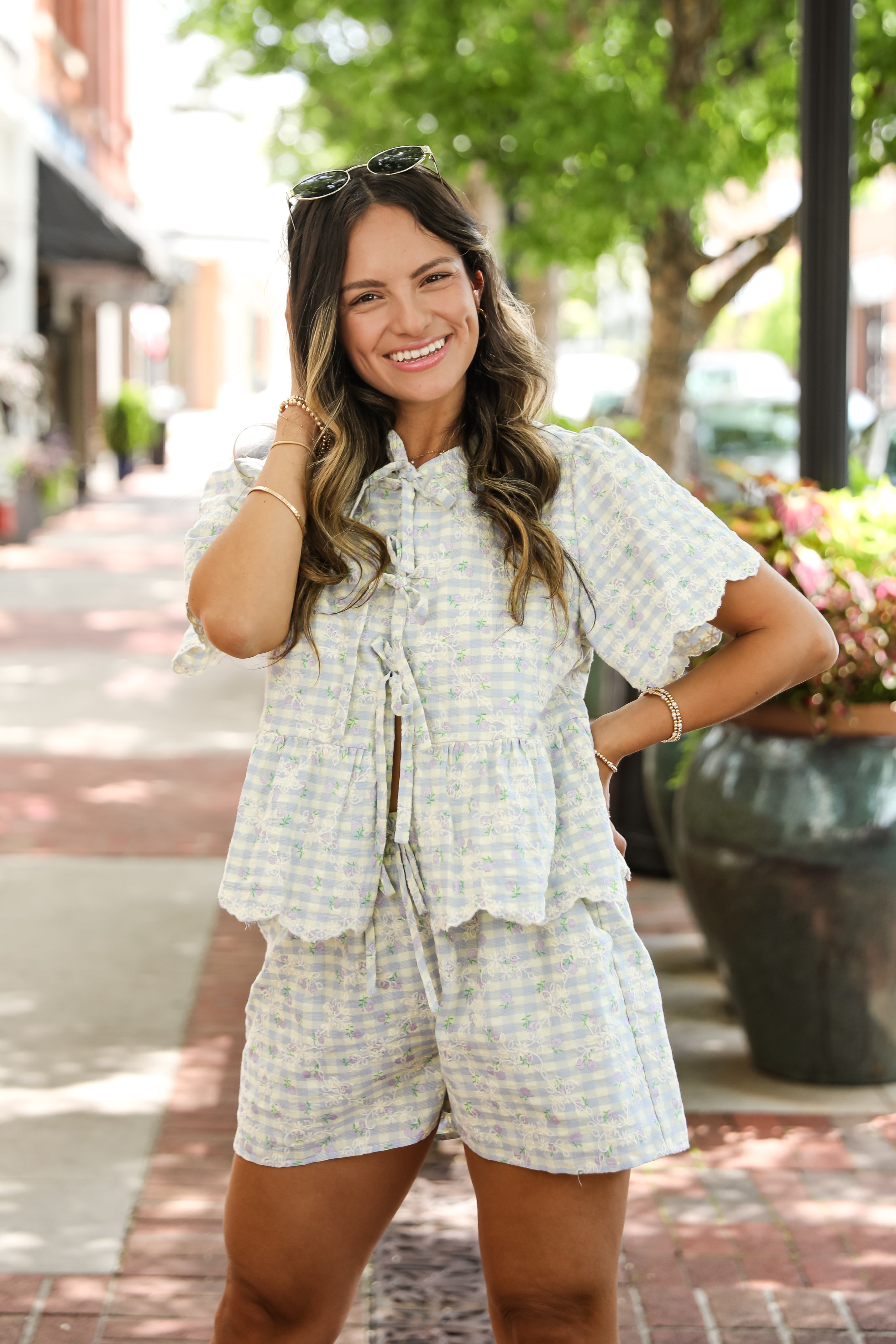 Next Thing You Know Light Blue Gingham Floral Embroidered Bow Blouse