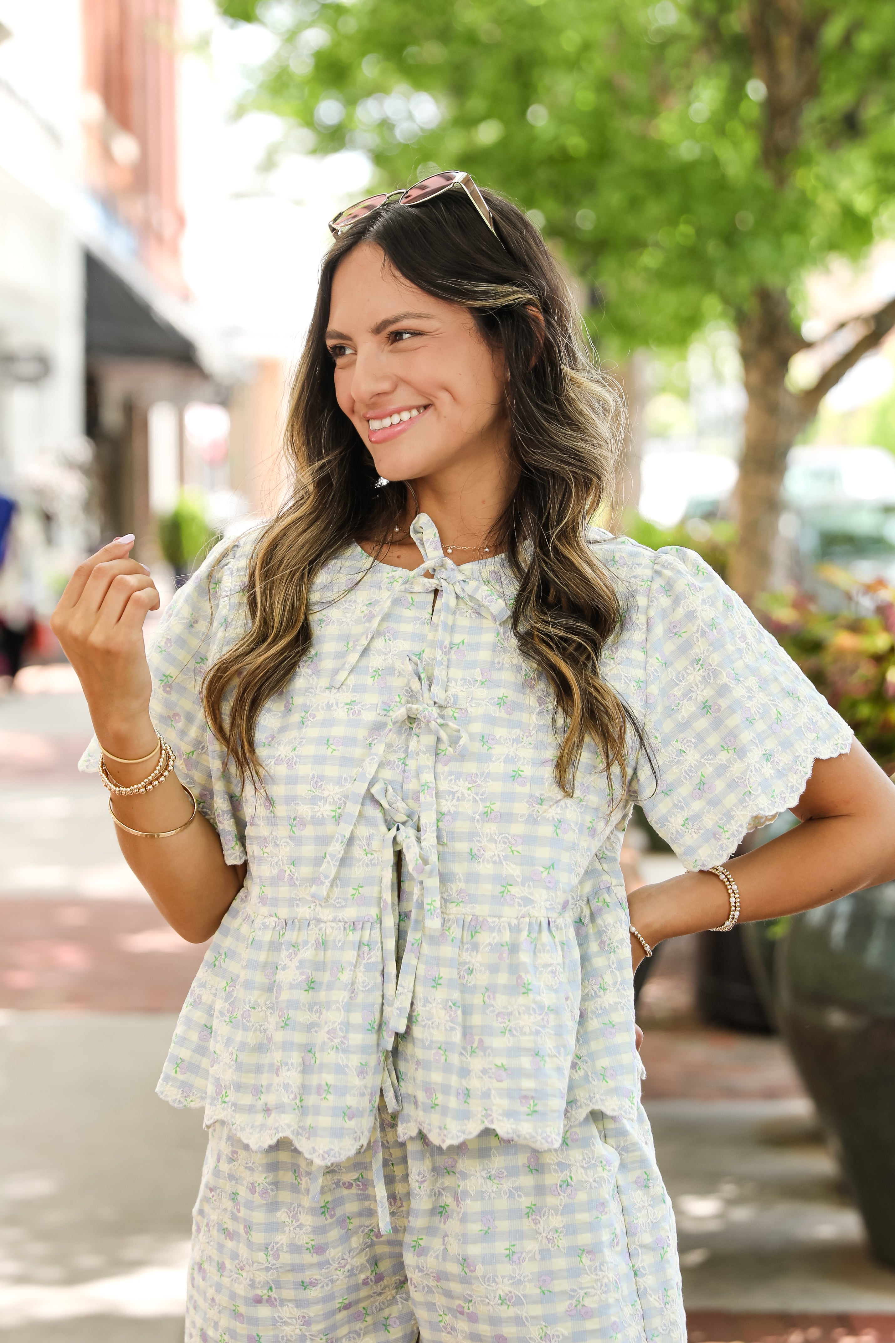 Next Thing You Know Light Blue Gingham Floral Embroidered Bow Blouse