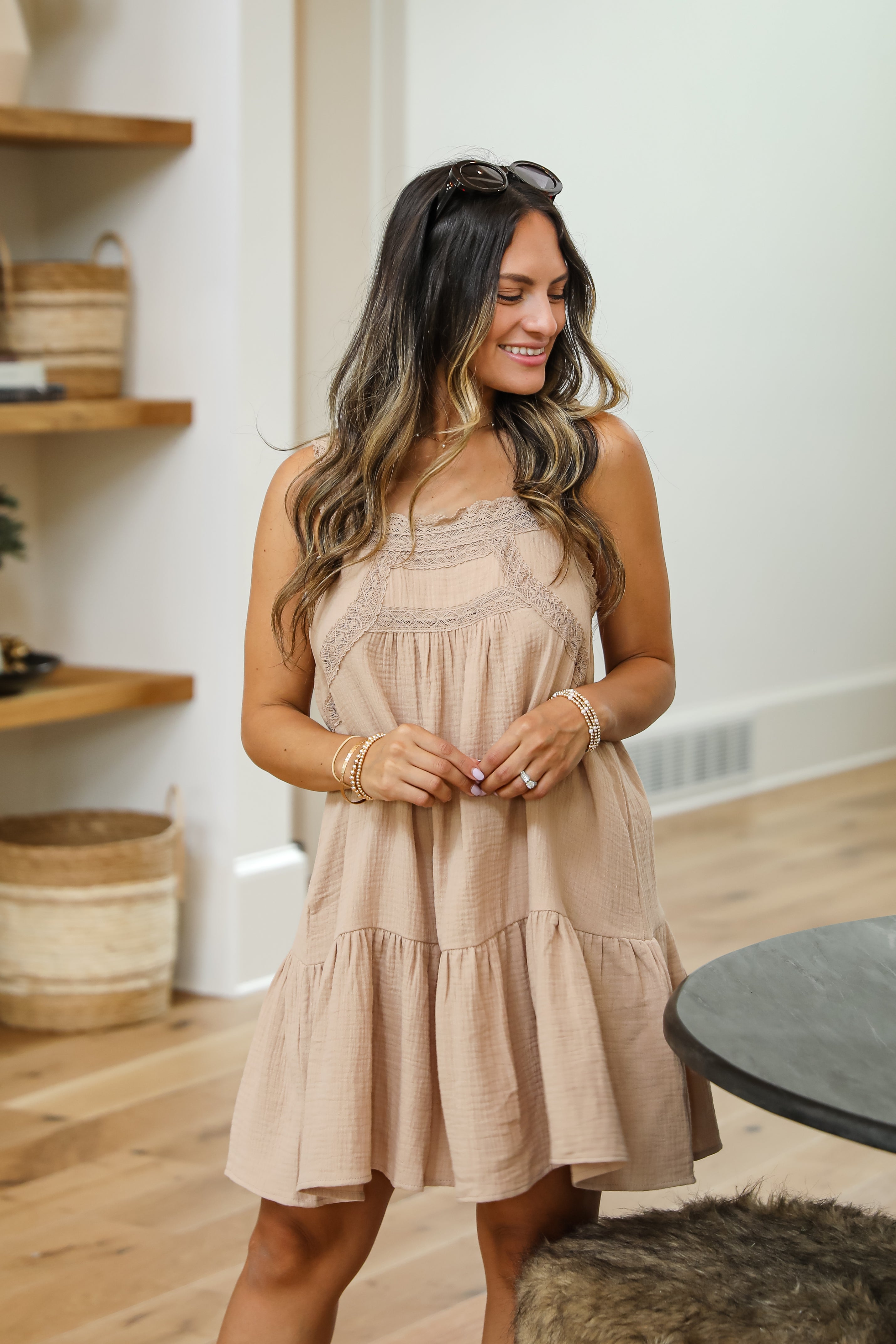 Future Endeavors Taupe Linen Lace Mini Dress