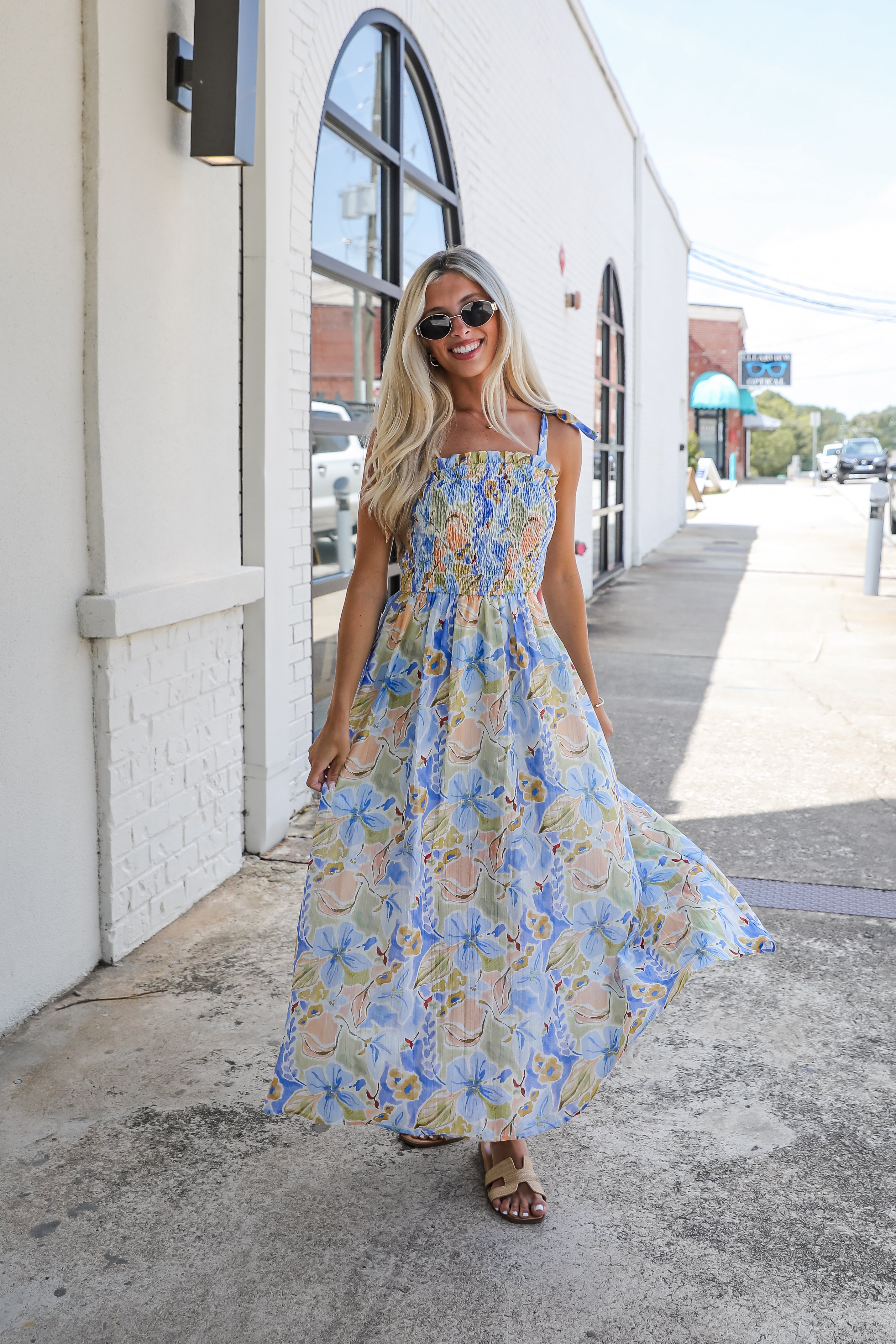 Come Back Blue Floral Smocked Maxi Dress