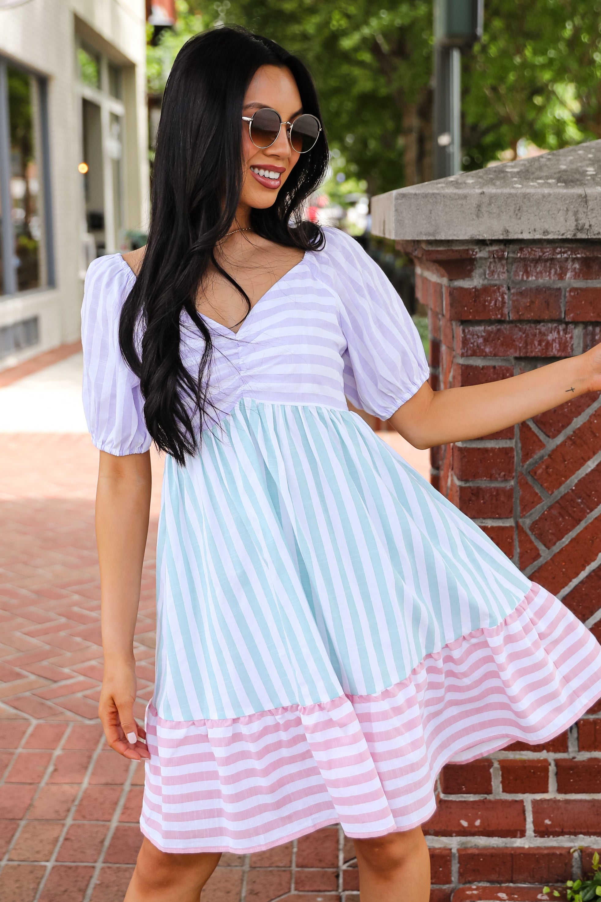 Just Lovely Multi Striped Color Block Babydoll Mini Dress